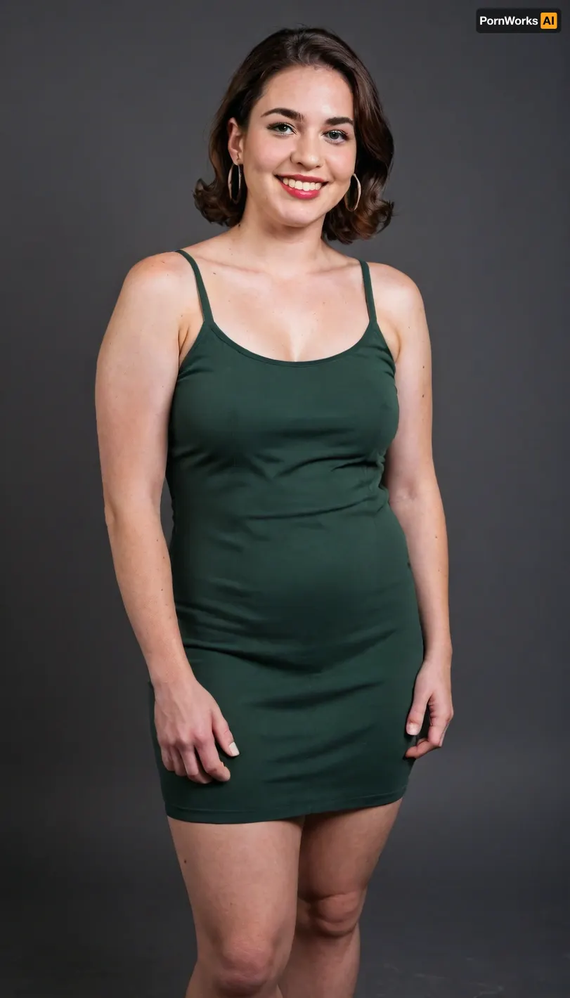 3/4 side view, Curvy gilf, looking at viewer, eye contact, portrait photo a ssbbw mature 60 year old woman, wearing a v-neck sleeveless spaghetti strap green dress, hourglass figure, huge hips, large waist, narrow waist, thighs, saddlebags, round face, chubby cheeks, wrinkles, flushed cheeks, double chin, big eyes, long hair, brunette hair with highlights, medium hair, big smile, mouth open, lips parted, big lips, teeth showing, perfect teeth, joyful smile, (solid blank black background), pokies, hoop earrings, (wrinkles), hard nipples, huge ass, mew2bodi, her, upper, body, is, slim, and, small, chest, while, lower, extra, curvy, wide, big, hips, thick, legs, round, Her, completely, flat-chested, with, no, hint, of, curvature, paired, a, chubby, abdomen, that, accentuates, sleek, angular, frame., This, stark, minimalism, contrasted, by, outrageously, exaggerated, so, impossibly, they, dominate, silhouette, are, immensely, powerful, dramatically, curvaceous, creating, an, extreme, striking, imbalance., <lora:mew2bodi:.2>, ratio_wh, <lora:the-ratio-hips-and-ass:.8>, skin, texture, style, realism, detailed, <lora:skin texture style v5:.8>