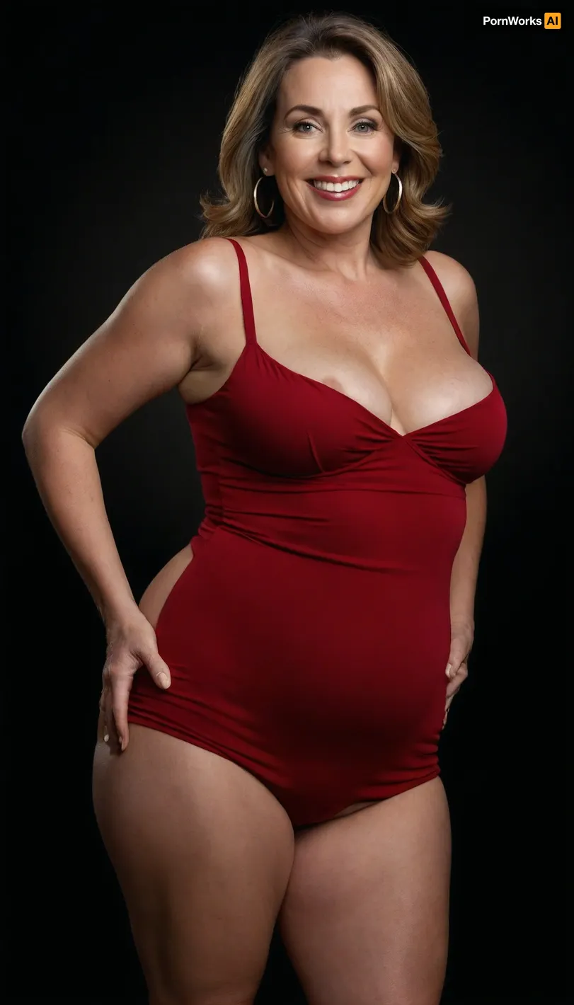 Curvy gilf, looking at viewer, eye contact, portrait photo a, (obese), mature 60 year old woman, wearing a tight red v-neck sleeveless spaghetti strap long dress, hourglass figure, wide, huge hips, large waist, narrow waist, thick, thighs, saddlebags, round face, chubby cheeks, wrinkles, flushed cheeks, double chin, big eyes, chestnut hair with highlights, medium hair, big smile, mouth open, lips parted, big lips, teeth showing, perfect teeth, joyful smile, (solid blank black background), pokies, hoop earrings, (wrinkles), (drooping saggy conical breasts), sagging, breasts, apart, hard nipples, squatting