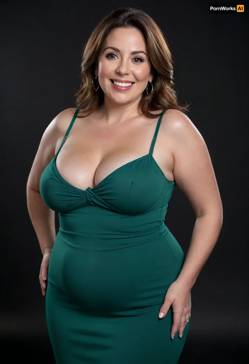 3/4 side view, Curvy gilf, looking at viewer, eye contact, portrait photo a ssbbw mature 60 year old woman, wearing a green v-neck sleeveless spaghetti strap long dress, hourglass figure, wide, huge hips, large waist, narrow waist, thick, thighs, saddlebags, round face, chubby cheeks, wrinkles, flushed cheeks, double chin, big eyes, long hair, brunette hair with highlights, medium hair, big smile, mouth open, lips parted, big lips, teeth showing, perfect teeth, joyful smile, (solid blank black background), pokies, hoop earrings, (wrinkles), (drooping saggy conical breasts), sagging, breasts, apart, hard nipples