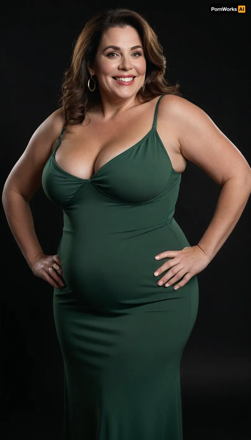 3/4 side view, Curvy gilf, looking at viewer, eye contact, portrait photo a ssbbw mature 60 year old woman, wearing a green v-neck sleeveless spaghetti strap long dress, hourglass figure, wide, huge hips, large waist, narrow waist, thick, thighs, saddlebags, round face, chubby cheeks, wrinkles, flushed cheeks, double chin, big eyes, long hair, brunette hair with highlights, medium hair, big smile, mouth open, lips parted, big lips, teeth showing, perfect teeth, joyful smile, (solid blank black background), pokies, hoop earrings, (wrinkles), (drooping saggy conical breasts), sagging, breasts, apart, hard nipples, big ass