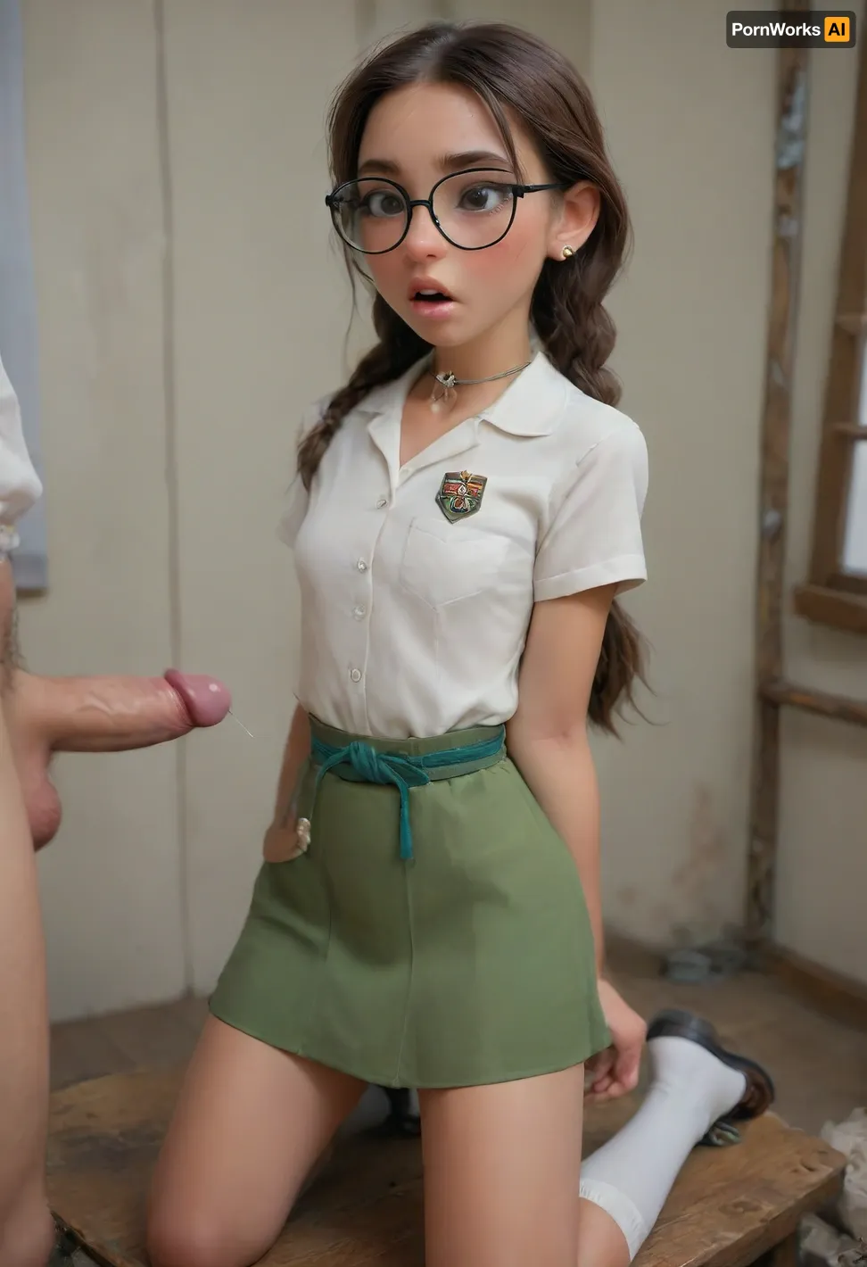 Beautiful girl with glasses stroking a big dick, cute innocent face, 19 yo, very skinny, very very petite. Long hair with Blue hairpiece, ((Brown hair in braids)), ((A traditional American GirlScout uniform with a short-sleeved white blouse paired with a green skirt. Over the blouse, she wears a cross-chest green sash. The cross-chest sash is decorated with a variety of badges and patches. A neckerchief is worn around the collar, secured with a small slide or knot, and white socks and simple shoes complete the look.)), White blouse is fully open to reveal her cute little perky tits, drooling, she looks at the camera, focus on her, face orgasm, sucking, Object, gd, erection, sex, toy, penis, large, <lora:cockteaseLoRASDXL:.5>, <lora:ahxl_v1:.5>, <lora:Penis_XL:.6>, <lora:ChrisSanderNov2023:.2>, <lora:Samaritan 3d Cartoon SDXL:.3>