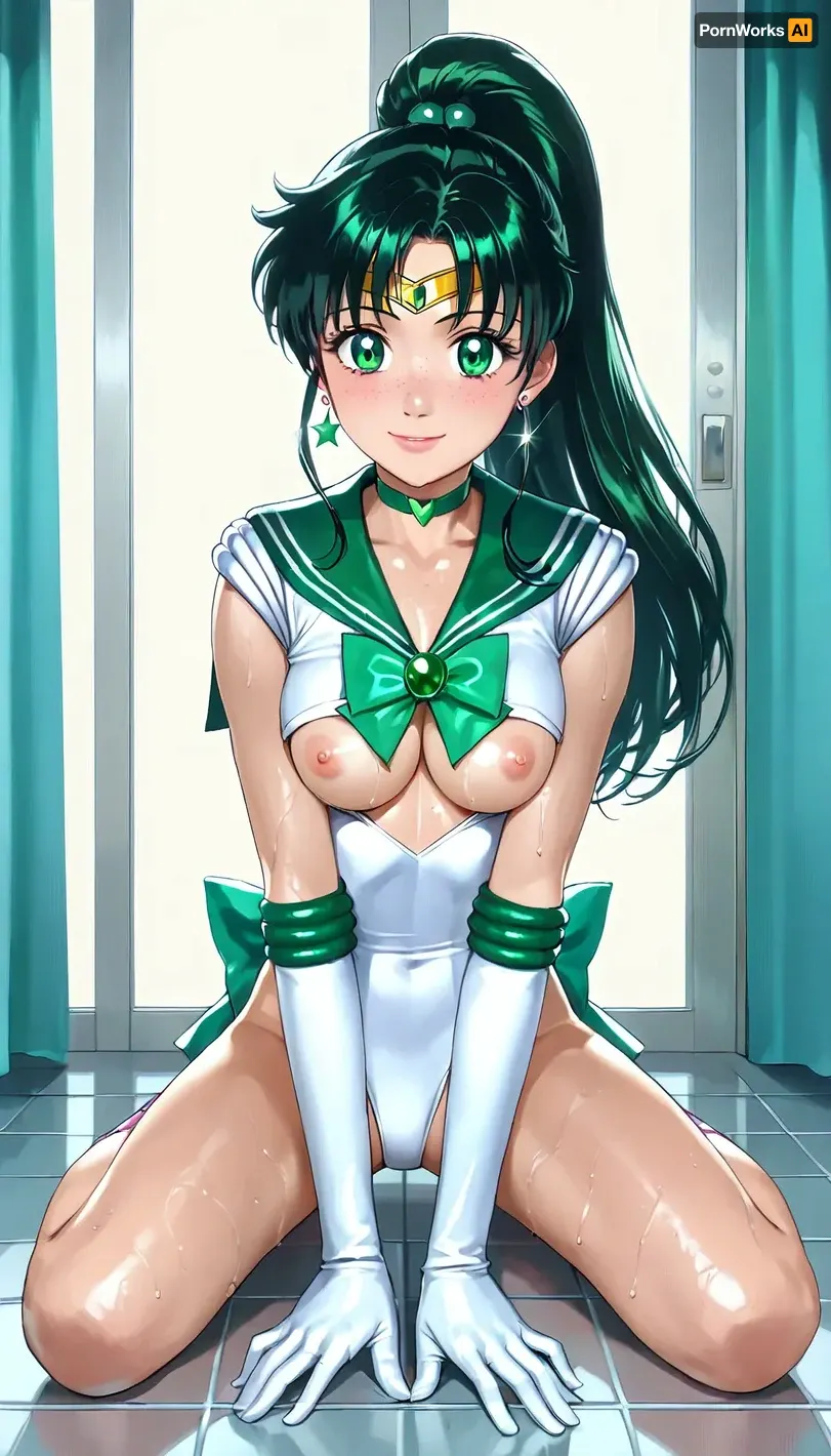 long distance view, full body view, woman, sailor Jupiter, sailor Jupiter uniform, in bathroom, sit on the floor, medium natural breast, hard nipples, slim gymnastic fitness body wet body, lots of freckles face and skin, blush on cheeks and nose, very happy smile, hypnotized loving eyes, wild hair, loving look in to the eyes, hmjupiter, eyes, tiara, senshi, uniform, leotard, smjupiter, smjupiteroutfit, (sailor, jupiter, bow, elbow, gloves, neck, ribbon, bangs, long, hair, circlet, jewelry, flower, earrings, ponytail), (green, eyes:1.5), (parted, bangs:1.5), <lora:sailor_senshi_uniform-1.0:.5>, <lora:sailor_jupiter_v1:.5>, <lora:Jupiter10_16:.5>
