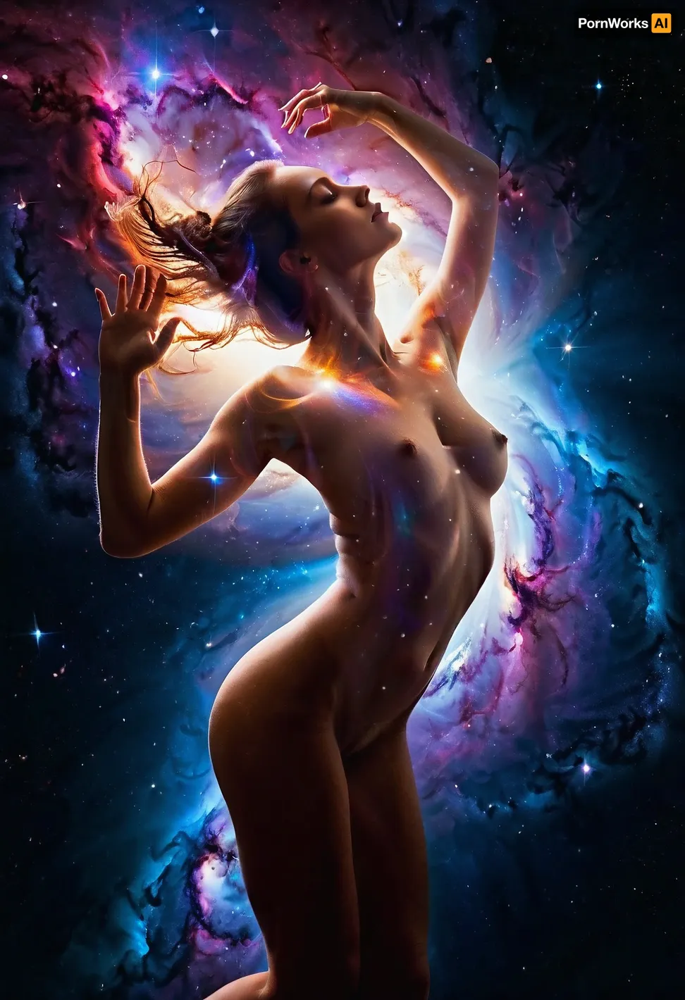 (double exposure:1.7), A full-length beautiful nude woman in a dynamic dance in the cosmic void, her form filled with the bright colors of stellar nebulae, ((Double exposure technique fills the girl's body with the beauty of the universe)), Bright, glowing colors of nebulae, red, blue and purple hues, twinkling stars, smooth skin, calm expression, atmospheric details, vivid colors, dreamy atmosphere, detailed textures, High detail, 8K, masterpiece, photorealistic, rendered in Octane, Double, Exposure, style, of, <lora:Double_Exposure_5:1.4>