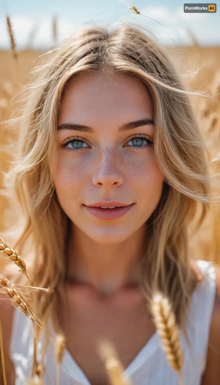 zip realism, (walking through a vibrant golden wheat field, pollen drifting in the breeze, vibrant blue sky, symmetrical framing), (avant-garde snapshot esthetic), (adorable woman, soft smile, warm gaze:1.2), (f/2.8, shallow depth of field, layered composition with subtle foreground, closeup, focus on eyes, low angle view:1.8), (wheat-blonde hair, long flowing hair, wind blown hair:1.4), (catchlights, limbal rings, large expressive eyes, perfect eyes, long delicate eyelashes), (soft facial features, flawless porcelain skin, soft blush), (dynamic lighting, contrasting shadows), <lora:MJ52:.8>