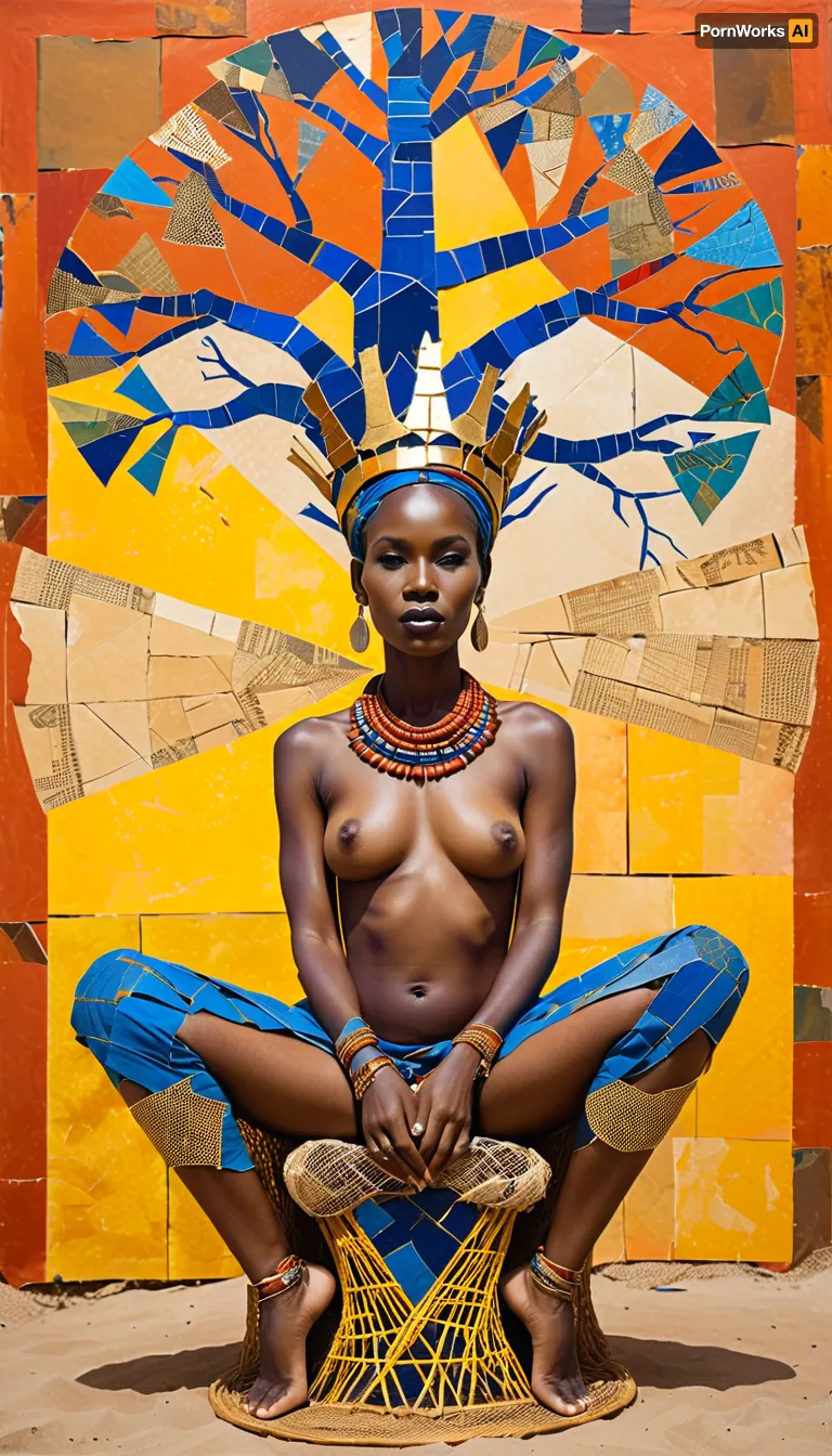 Avant-garde painting of nude Senegal princess sitting on throne with crossed legs, fractured geometric face, crown of deconstructed fishing nets, golden tooth amulets, body composed from Dakar city map fragments, traditional ndorr patterns reimagined, indigo batik blues color palette, searing terracotta reds, solarized gold leaf Collage of sand, recycled metal, and digital glitches, visible brushstrokes, giant baobab tree with roots on background, Afrofuturist manifesto meets Soviet constructivism, revolutionary aesthetics, x-ray, deconstructed, abstract, surreal, mixed, media, outsider-art, avant-garde, punk, style, torn, paper, collage, weirdcore, (gu, zhang, feng\), <lora:751939_training_data:1.3>, <lora:DeconDada++:.8>, <lora:tornpapercollage-sdxl-v1:.8>, <lora:Weirdcore_XL:.8>, <lora:Glitch Art:.8>