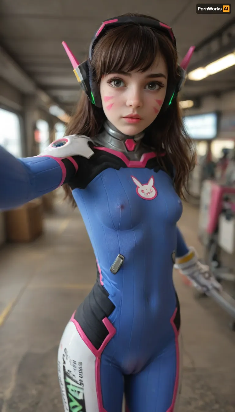 (((Best selfie pose))), close-up girl, upper body, (Very young petite girl:1.8), eye contact, (((cinematic film still Cinematic scene))), (((D.Va, Overwatch))), standing pose, detailed background, masterpiece, best quality, high quality, highres, absurdres, Guild Wars 2 . shallow depth of field, vignette, highly detailed, high budget Hollywood movie, bokeh, cinemascope, moody, epic, gorgeous, (film grain), grainy, erect nipples, ((cameltoe pussy)), 1girl, d.va, (overwatch), solo, long, hair, markings, (cutout bodysuit tight), brown, facial, mark, gloves, eyes, suit, headphones, white, medium, swept, bangs, skin, tight, print, bunny, ribbed, facepaint, (pink, lips), (dva:.8), ((wide hips)), Cyberpunk, (ultra realistic:1.3), (maximum quality:1.3), (high resolution:1.3), (extreme detail:1.3), (ultra realism:1.3), (maximum detailed skin:1.3), (((extremely long big thick black eyelashes))), (light pink makeup:1.6), (((blush))), (((shock))), ((side view)), (grey blue eyes), <lora:d.va_xl_v1:.8>, <lora:cybepunk:2>, <lora:MJ52:2>, <lora:Realism_Lora_By_Stable_yogi_SDXL8.1:2>, <lora:cfg_scale_boost:2>