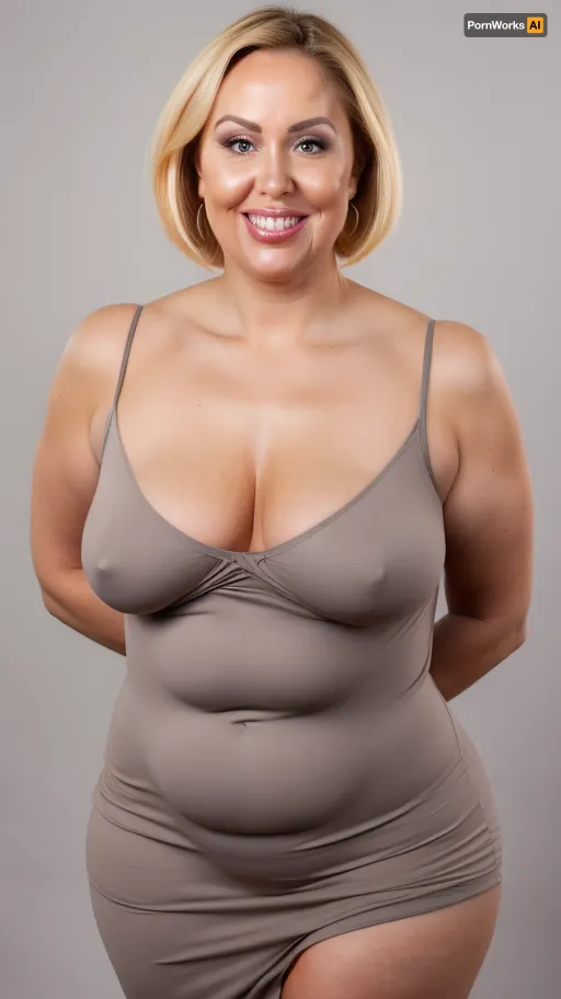 curvy, obese, big, gilf, looking at viewer, eye contact, portrait photo a chubby mature 60 year old woman, wearing a tight v-neck sleeveless spaghetti strap black dress, hourglass figure, round face, chubby cheeks, wrinkles, flushed cheeks, double chin, round jawline, thick arms, big eyes, brunette hair, beautiful hair, medium hair, bob cut, big smile, mouth open, lips parted, big lips, teeth showing, perfect teeth, joyful smile, (solid blank background), hoop earrings, (wrinkles), (fupa), ((cameltoe)), (pubic hair), wide pubic hair, drooping saggy conical breasts, sagging, breasts, apart, wide, hips, <lora:tt_saggy:.5>, <lora:ConicalTits:.5>, <lora:hips-10:.5>