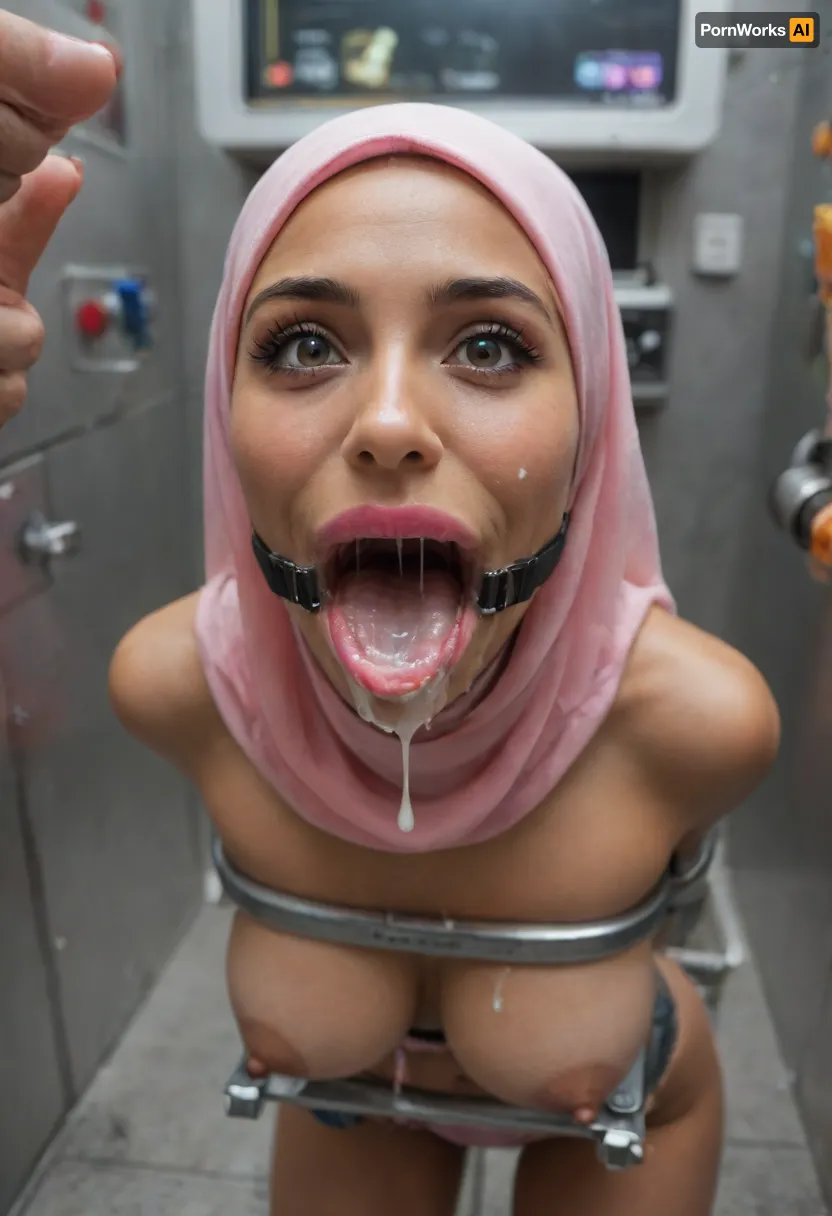 (Arab Muslim woman is stuck with her hips in a round hole with metal rim in an arcade machine on a busy street, wearing a mouth spreader, wearing a pink hijab), (she shows thumbs up:1.3), (natural brown eyes), (brown skin), (stuck in round hole with metal rim:1.1), (wide metal box), (arms restrained in contraption:1.6), (wide angle, full machine in picture:1.1), (bustling street, passersby:1.3), (wide smile, obsessive:1.5), (her arms are fixated in machine:1.5), (score_9, score_8_up, score_7_up, UHD 8K, masterpiece, best quality, maximum details:1.2), natural light, extreme realism, cinematic still, (very happy:1.3), (wide mouth spreader ring gag, gaping mouth:1.5), (her hands are protruding from holes:1.3), (stuck in hole with metal rim), (leaning forward), (huge penis), (she stares at erect penis in front of her face:1.3), (cum on her face, bukkake:1.3), (shocking pink lipstick:1.3), (bimbo lips:1.2), (botox:1.2)