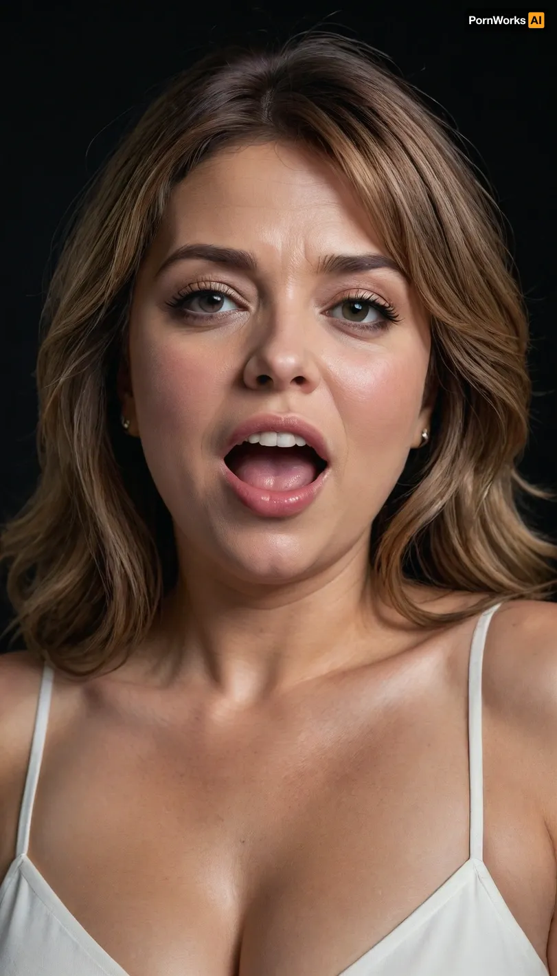 Lubica stepaunt, light brown balayage hair with highlights, (Obese:1.3), pov, (gilf), tan skin, wrinkles, portrait photo a mature chubby gilf, fat round face, double chin, 50 years old Woman, big eyes, light eyes, long hair, layered haircut with side swept bangs, chubby jawline, pokies, seductive smile, lips parted, (mouth open:1.3), teeth showing, big lips, looking at viewer, (solid blank dark background:1.3), film grain, style by Flora Borsi, OverallDetail, sleeveless spaghetti strap White dress, hips, saggy, sagging, droopy, cleavage, eye contact, (cellulite), <lora:rknArouseXL:.7>