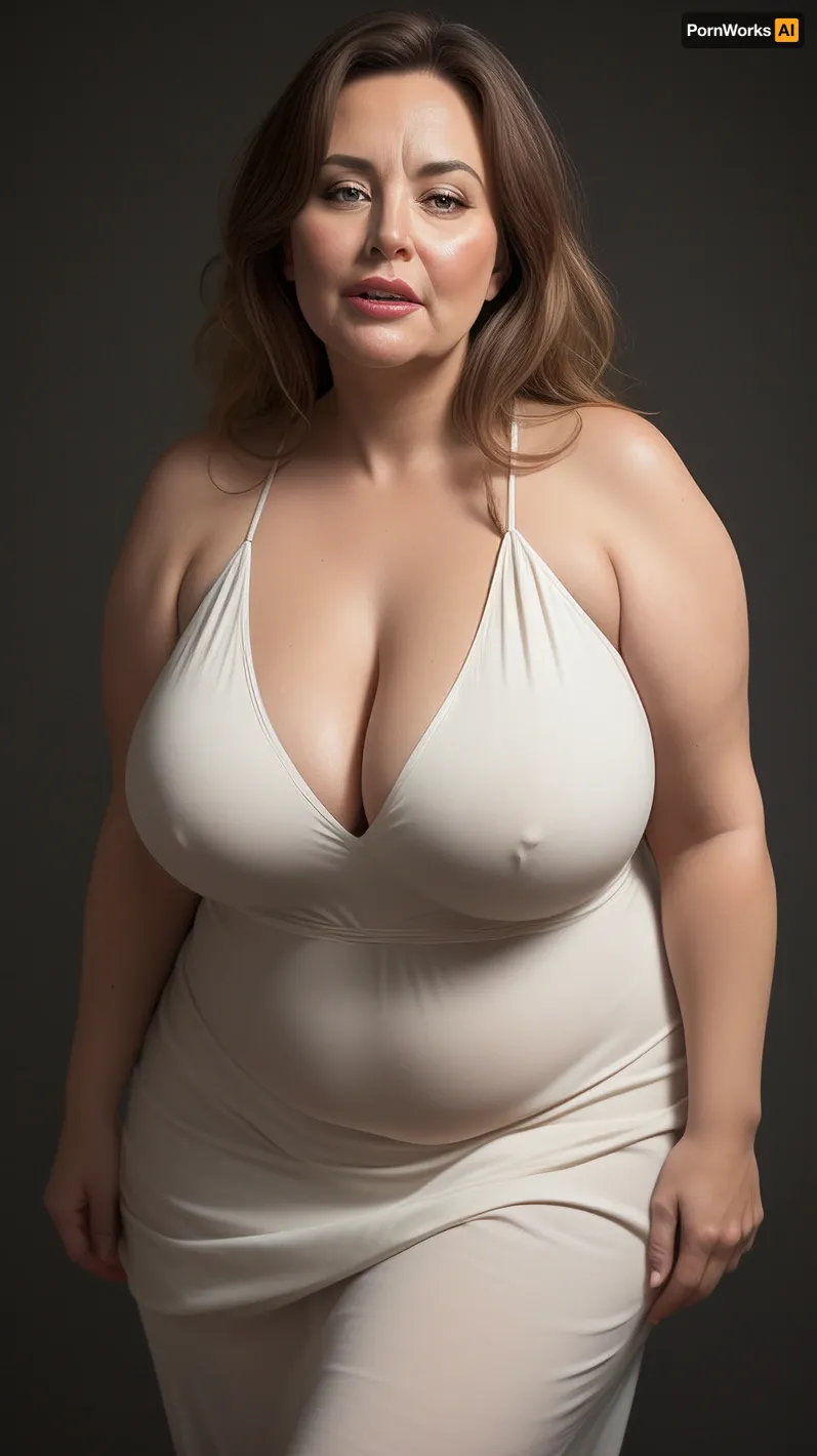Lubica stepaunt, light brown balayage hair with highlights, (Obese:1.3), pov, (gilf), tan skin, wrinkles, portrait photo a mature chubby gilf, fat round face, double chin, 50 years old Woman, big eyes, light eyes, long hair, layered haircut with side swept bangs, chubby jawline, pokies, seductive smile, lips parted, (mouth open:1.3), teeth showing, big lips, looking at viewer, (solid blank dark background:1.3), film grain, style by Flora Borsi, OverallDetail, sleeveless spaghetti strap White dress, hips, saggy, sagging, droopy, cleavage, eye contact, (cellulite), stretch, marks, <lora:rknArouseXL:.5>, <lora:stretch_marks:.4>