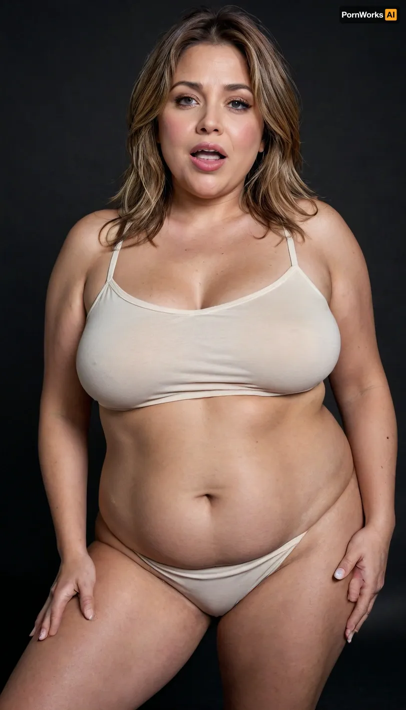 Lubica stepaunt, light brown balayage hair with highlights, (Obese:1.3), pov, (gilf), tan skin, wrinkles, portrait photo a mature chubby gilf, fat round face, double chin, 50 years old Woman, big eyes, light eyes, long hair, layered haircut with side swept bangs, chubby jawline, pokies, seductive smile, lips parted, (mouth open:1.3), teeth showing, big lips, looking at viewer, (solid blank dark background:1.3), film grain, style by Flora Borsi, OverallDetail, sleeveless spaghetti strap White dress, hips, saggy, sagging, droopy, cleavage, eye contact, (cellulite), stretch, marks, <lora:rknArouseXL:.5>, <lora:stretch_marks:.4>