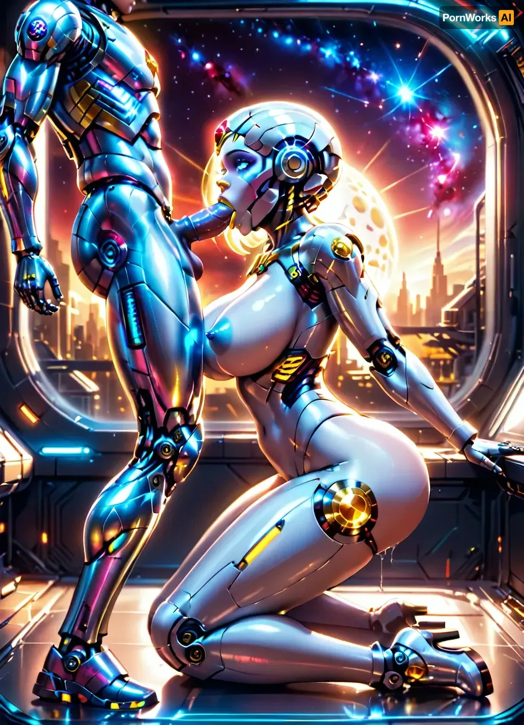 (full frame:1.2), full-length view, in front of the panoramic window of a spaceship, (a galaxy is visible behind the window:1.6), bald, shiny silver alien cyborg superheroine, (female android cyborg:1.4), large breasts, (bald head), (completely naked, completely nude:1), (silvery skin:1.2), (bright golden lips:1.2), (ruby gem nipples:1.3), ((bright blue glowing eyes)), (have snal sex with an astronaut:1.3), (blowjob:1.5), ((male human fuck android girl)), extremely detailed, full body shot, super-detailed image, 4K quality, (side view:1.7), science fiction