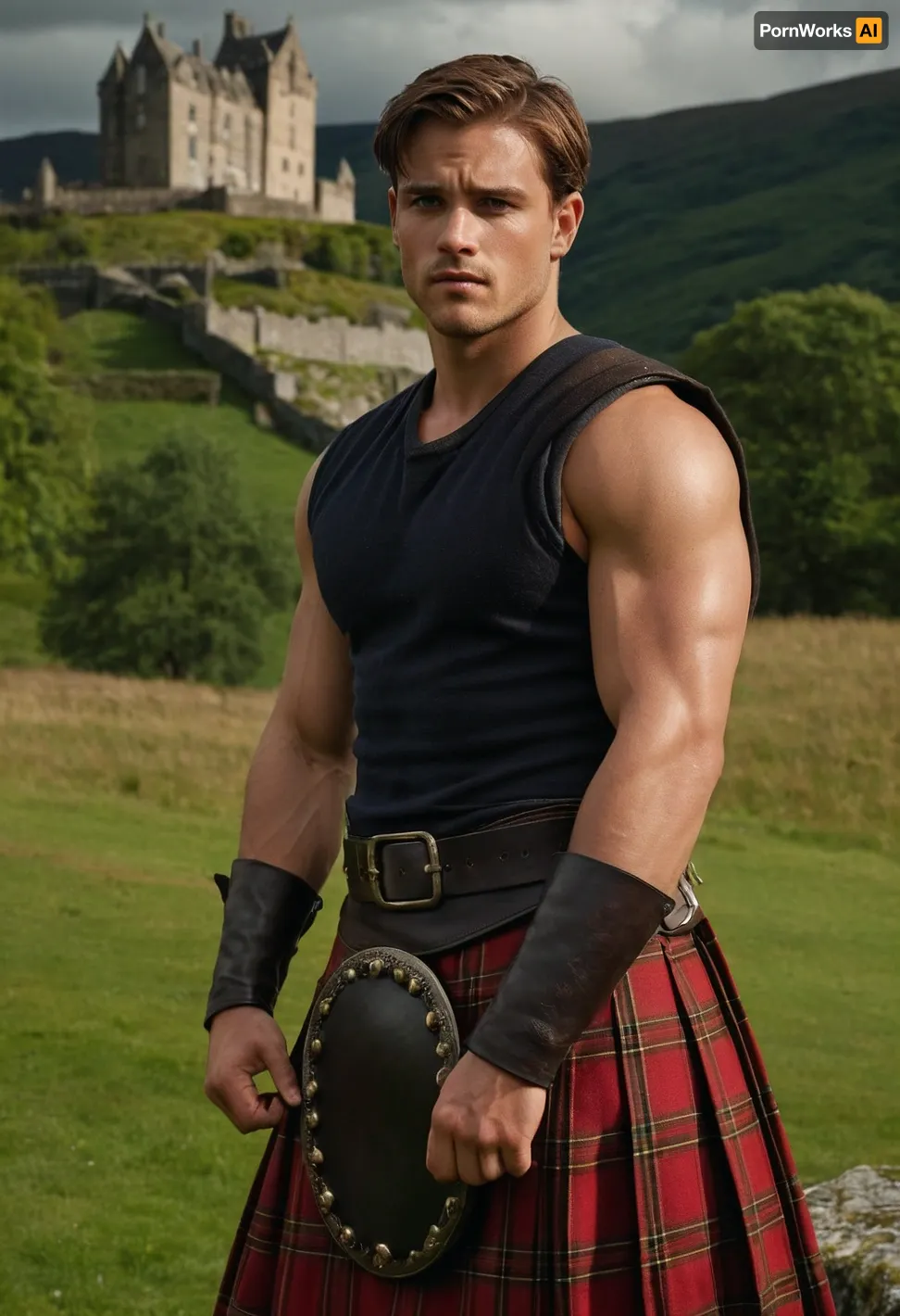 A young man, light-skinned and with brown hair, is positioned slightly off-center to the right of the image. He is of European descent and appears to be in his late twenties. He has a muscular physique with visible abs. He is wearing a traditional Scottish kilt, a dark red and black tartan, and leather armor-style arm guards and belt. A metal chain necklace with a pendant hangs across his chest. He stands outdoors by a calm body of water, in front of a large, gray stone castle or tower. The setting is a scenic landscape with rolling hills and lush green foliage. The man is looking directly at the viewer, with a serious expression. His posture is confident and relaxed, one arm holding a metal object. The image is brightly lit, casting shadows subtly, suggesting a natural light source from slightly above and to the left. The colors are varied and vibrant, with a focus on the earthy tones of the landscape and the rich colors of the tartan kilt. The image style is evocative of a historical fantasy, or a scene from a film. The composition of the image places emphasis on the subject, showcasing his strong physique and traditional attire.