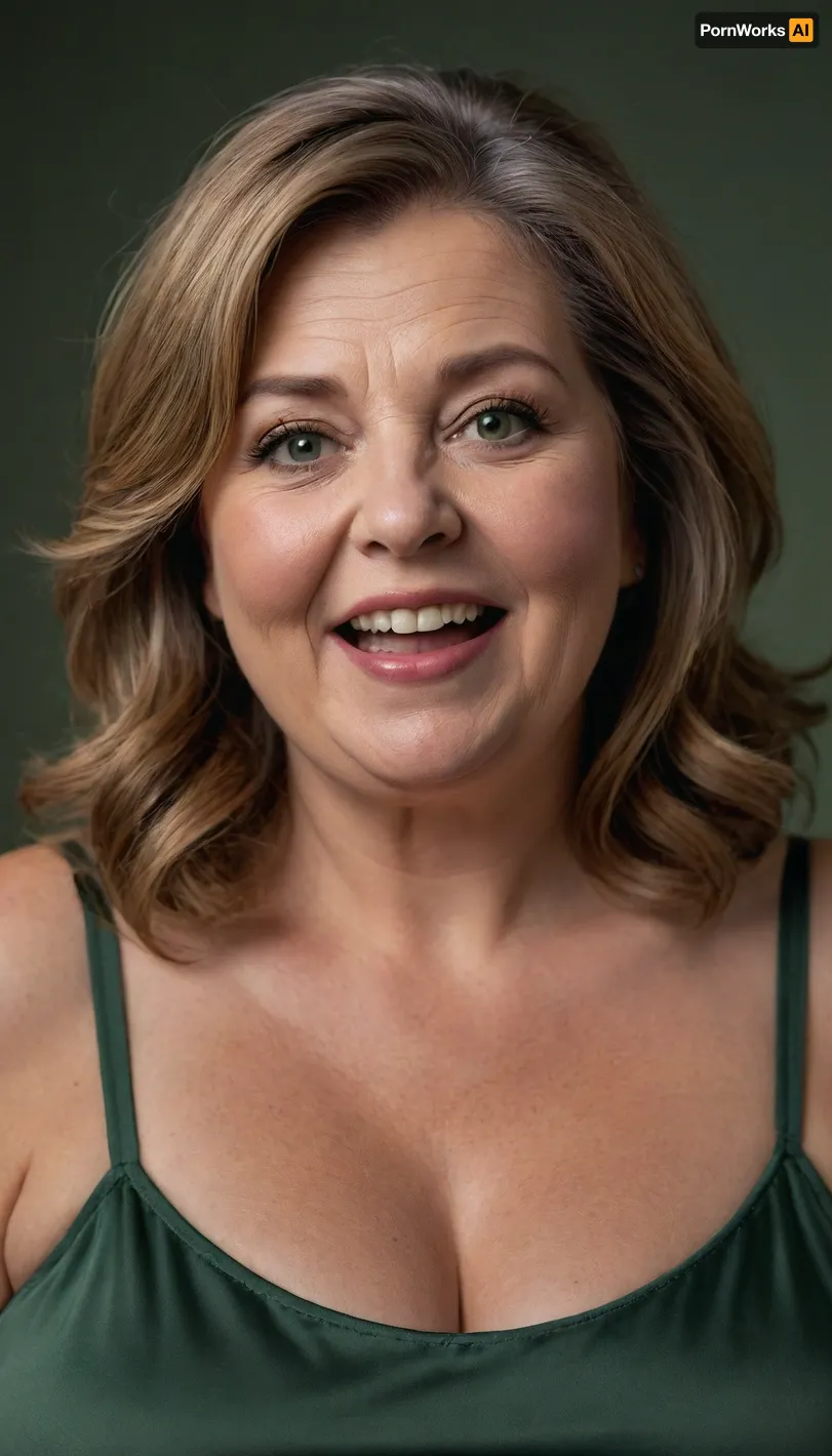 Light chestnut hair with gray streaks, long hair, (Obese), gilf, portrait photo a mature chubby gilf, fat round face, double chin, 70 years old Woman, big eyes, green eyes, layered haircut, chubby jawline, pokies, seductive smile, lips parted, (mouth open:1.2), teeth showing, big lips, looking at viewer, (solid blank background:1.3), film grain, style by Flora Borsi, OverallDetail, satin sleeveless spaghetti strap dress, areola, wide, hips, saggy, sagging, droopy, cleavage, eye contact