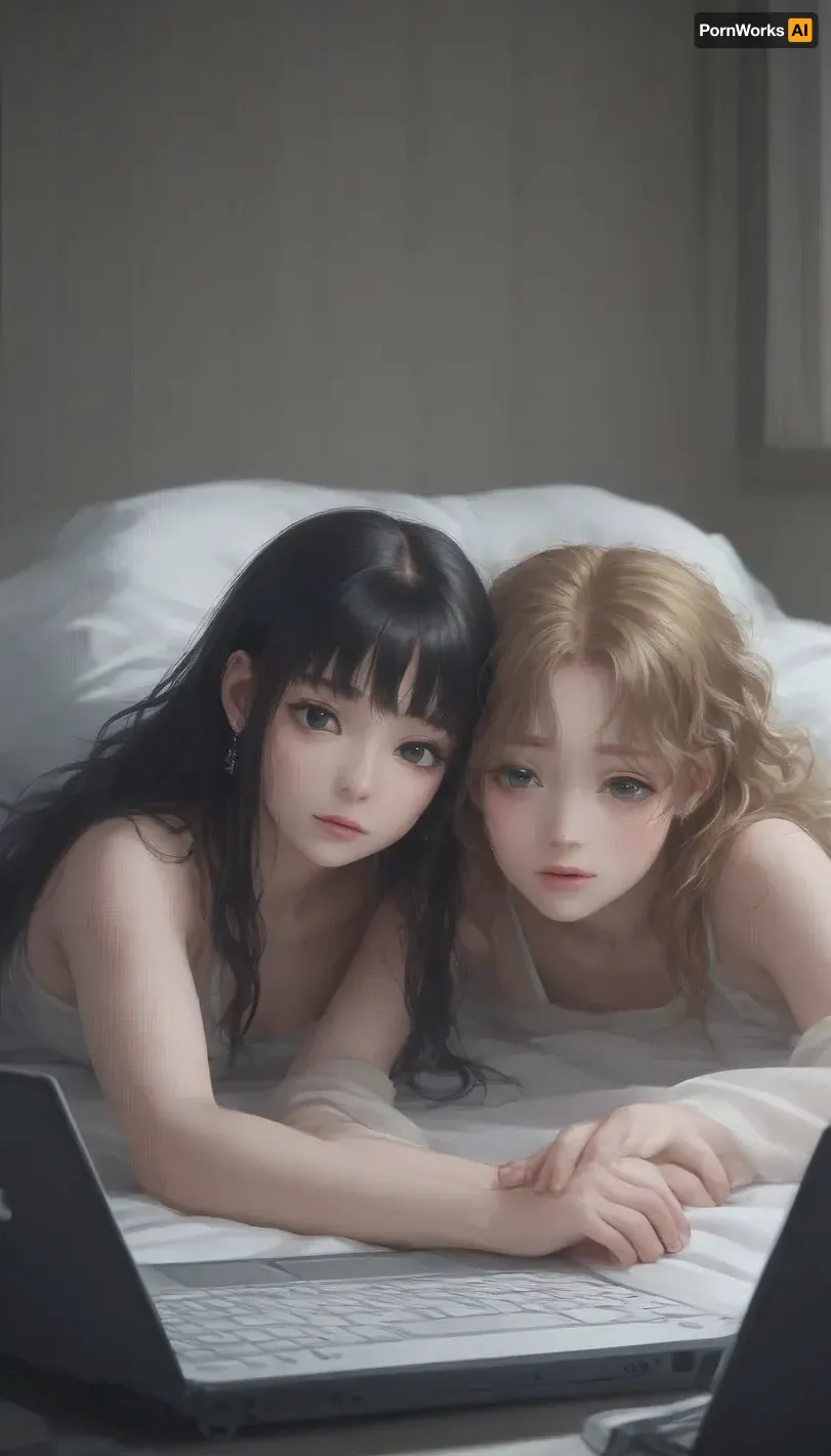 view from the back, big laptop screen displaying a lesbian anime porn game, two girls with long hair watching on a bed