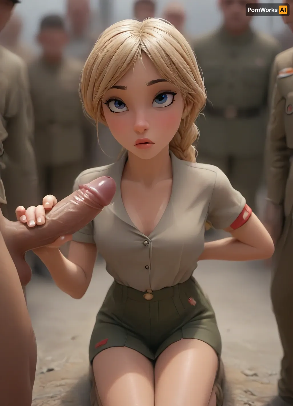 Full-body drawing of a fascist-corp 18yo girl on her knees giving a handjob, slender body, she wears the uniform of a fascist party, (khaki military blouse:2), black armband, (very sharp tan lines, heavy tan, very pale underneath tan lines), innocent face, big wet eyes, blonde hair in a tight dutch braid, her pretty head is crowned with her golden-blonde dutch braided hair, small perky breasts, seductive look, slutty, erotica, eye contact, Drawing, she holds a huge cock near her face, facejob, sucking, cock, big, eyes, <lora:ChrisSanderNov2023:.3>, <lora:Samaritan 3d Cartoon SDXL:.5>, <lora:cockteaseLoRASDXL:.8>, <lora:Style_eyes _and_hair_XL-v2:.8>