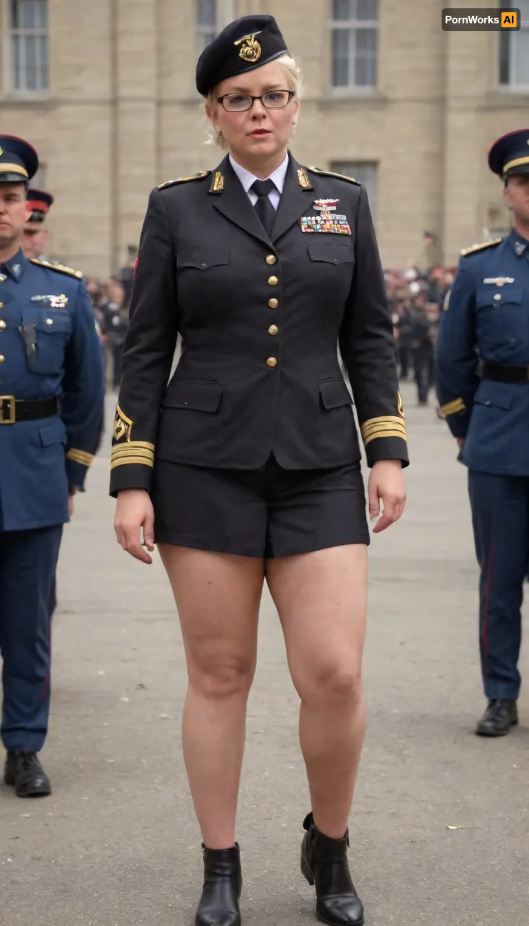 no skirt, no panties on a OBESE 58-year-old European woman with hidden shaggy tits, shaggy belly under buttoned Military parade suit, shaved pussy is visible, white blond hair, wrinkled face, black lipstick on thin lips, black makeup, glasses. She is dressed only with, ((buttoned Military parade suit:1.5)), buttoned up on the tits, officer's peaked cap., ((NO skirt:1.5)), NO PANTIES. long boots, belt, ((shaved pussy visible:1.5)), full figure visible, outdoor, prisoners of war, realistic image, ultra HD, 8k, ((daylight)), HD, true colors, detailed portrait. No blur, ultra HD photorealistic full height 8k, <lora:356724_training_data:.8>, megachubsdxl, morbidly, obese, <lora:megachubsdxl_13:.2>