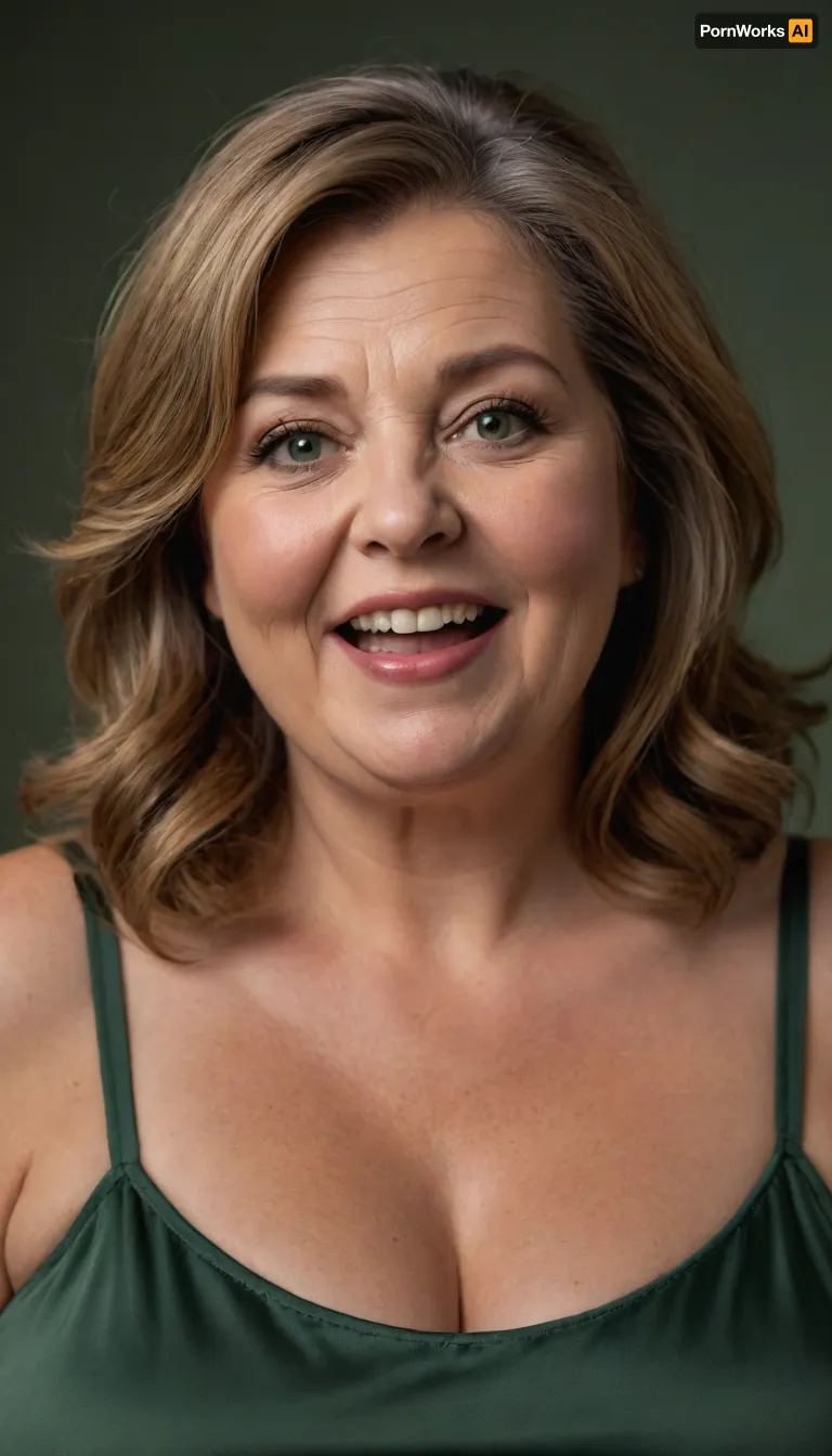 Light chestnut hair with gray streaks, long hair, (Obese), gilf, portrait photo a mature chubby gilf, fat round face, double chin, 70 years old Woman, big eyes, green eyes, layered haircut, chubby jawline, pokies, seductive smile, lips parted, (mouth open:1.2), teeth showing, big lips, looking at viewer, (solid blank background:1.3), film grain, style by Flora Borsi, OverallDetail, satin sleeveless spaghetti strap dress, areola, wide, hips, saggy, sagging, droopy, cleavage, eye contact