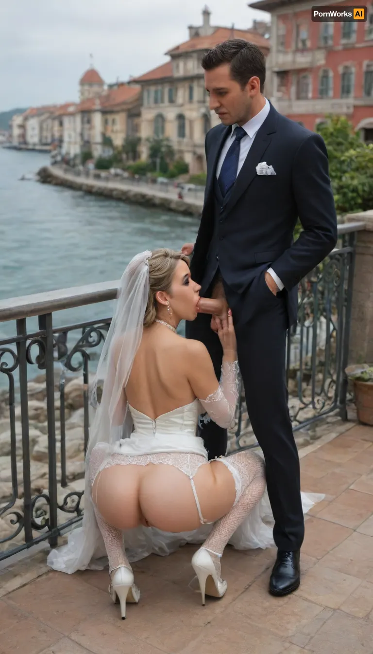 Honeymoon, 1girl, 35 years old, adult, 1, 75m, soft butt, big breasts, blonde hair, white toe nails, (tiny waist), red lipstick, dark black Mascara, red Long Finger nails, (high detailled face), (high detailled navel), (high detailled pussy), (high detailled skin, Wedding Dress, White High Heels, White garter belt, White fishnet stockings, on a balcony in a italian town in the sea, lean at Balcony railing, bend over, spread legs, Blowjob, Show ass, 1men, bold head, Wedding suit, Gigant Cook, on her left Side, (full View:1.5), view from front)