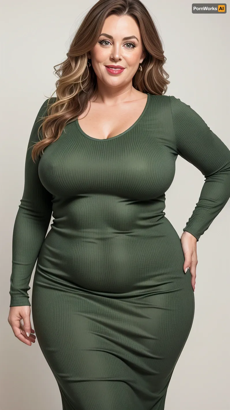 Lubica stepaunt, Ultra detailed photorealistic portrait photo a mature bbw woman, saggy, fat round face, double chin, 60 years old Woman, big eyes, (light brown hair with highlights), round face, full lips, lipstick, (wavy hair), seductive smile, open mouth smile, big lips, pretty teeth, looking at viewer, (solid blank background:1.3), OverallDetail, braless, Wearing, green, tight, v-neck sleeveless maxidress, <lora:bralessSD15_v1_00094:.8>