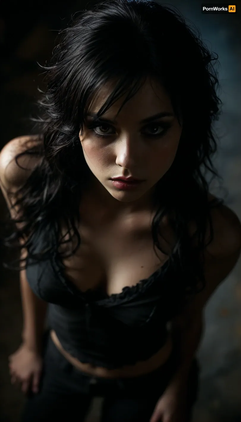 petite student, (Dynamic angle:1.5), (View from above:1.5), Sex, Erotica, ripped revealing clothes, goth, Small tits, full body view, 35 years old, very long black curvy hair, perfect face, dark brown eyes, cute, closeup, petite body, smokey eyes, full body photo, beautiful face, fluxenh4nce, <lora:MJ52:.3>, <lora:FLUXEnh4nce:.8>, <lora:dark:.4>