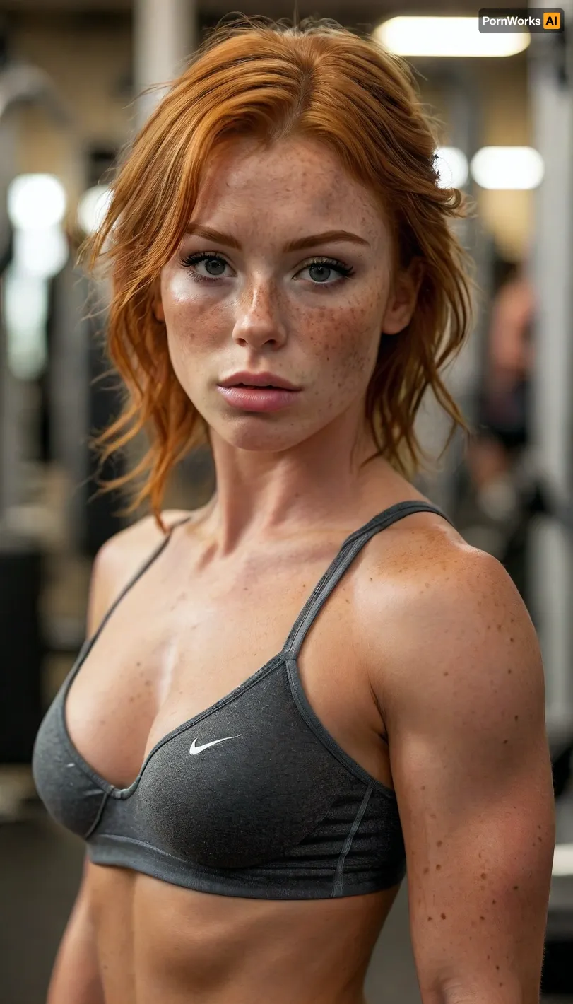 ziprealism, (inspirational athletic poster, Nike poster, inspirational action shot:1.2), (impressively athletic woman in a gym, body builder, fit body, muscular shoulders, muscular thighs, defined abs:1.6), (fierce expression, inspirational atmosphere of determination), (f/2.8, shallow depth of field, creamy bokeh, flattering full body shot, medium full shot, layered composition with subtle foreground, focus on abs:1.4), (vibrant ginger hair, freckles, short hair, swept-back hairstyle:1.2), (catchlights, sharp contrasting limbal rings, large expressive eyes, stunning eyes, perfect eyes, slightly downturned eyes), (full lips, soft lips, moist lips), (tanned oily skin, tan lines, large teardrop breasts, pale breasts, natural skin texture), igbaddie, <lora:MJ52:.6>, <lora:igbaddie-XL:.4>