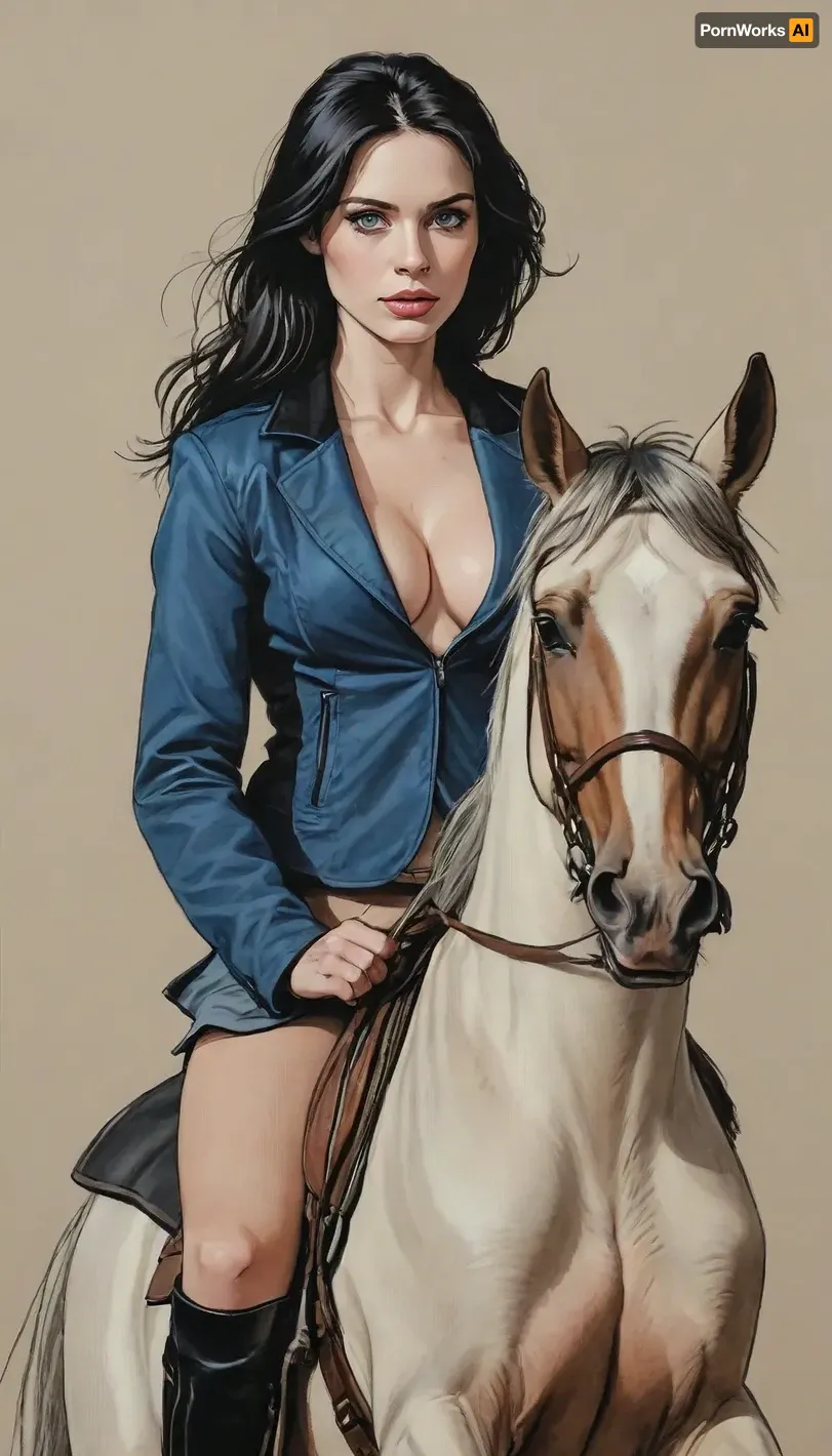 (A detailed pencil drawing with clean lines and meticulous shading, sketch of a nude woman with blue eyes and black hair riding on a horse, bouncing breasts, realistic anatomy, horse jump mid-motion shot, sharp lines), wearing riding helmet and unziped riding jacket revealing nude body, supermodel face, big lips, handslora, soft features, and a serene expression, drawing have delicate shading and intricate details, capturing the essence of the subject with fine pencil strokes, background is simple, allowing the focus to remain on the portrait itself, drawing by NTY, v0ng44g, sk3tch, .8>, ratatatat74, <lora:sketch_it:1.3>, <lora:outline_xl_kohaku_delta_spv5x:.8>, <lora:ratatatat74-000050:.8>