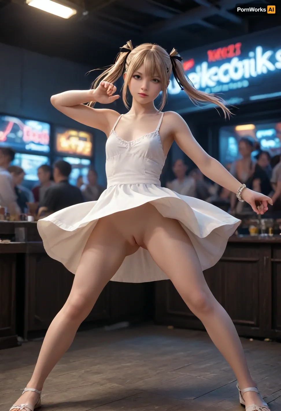 Marie Rose from Dead or Alive lewdly dancing on stage in cyberpunk bar, short white sundress, no bra, no panties, revealing pussy, dynamic pose, action pose, neon lights, smoky atmosphere