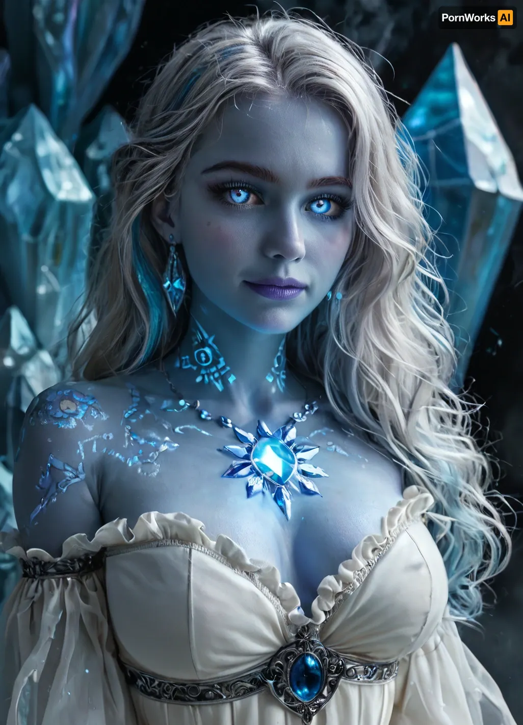 (masterpiece, best quality, ultra-detailed, photorealistic, HDR, fantasy art, full figure from head to hips, small face in frame, upper and lower body fully visible, standing pose, centered in frame), female, young adult, Aelith, fantastical inhuman being, elongated diamond-shaped face, sapphire-blue skin with strong opalescent glow and subtle inner luminescence, sculpted high cheekbones adorned с intricate crystalline patterns, no eyebrows — instead thin glowing silver lines above the eyes, (eyes entirely golden without pupils or sclera, softly glowing:1.5), very long translucent white lashes, elegant nose, full heart-shaped lips with iridescent blue-violet shine, serene enigmatic smile, elongated ears with crystalline edges, ultra-long silver hair with shifting rainbow highlights flowing well past waist, high glowing neck, (upper body slender and elongated, high rounded breasts with pearlescent shimmer, chest and bust covered by sheer crystal-like fabric that reveals natural form, crystalline collarbones and shoulders), (waist extremely narrow, pronounced hourglass figure, abdomen smooth, sapphire skin with glowing crystal vein patterns along the sides, visible navel through translucent garment), (hips gently flared, upper thighs visible, lower torso draped in flowing semi-transparent opalescent textile that diffuses into abstract cosmic haze), arms and hands relaxed at sides, five distinct non-fused fingers if visible, posture regal and ethereal, background, blurred cosmic nebula of radiant blues, violets, and white stars, anatomy correct, inhuman fantasy beauty, ultra-real color and clarity, <lora:MJ52:1>, <lora:SDXLHighDetail_v6-000005:.8>, <lora:Microwaist_XL_v01:.8>
