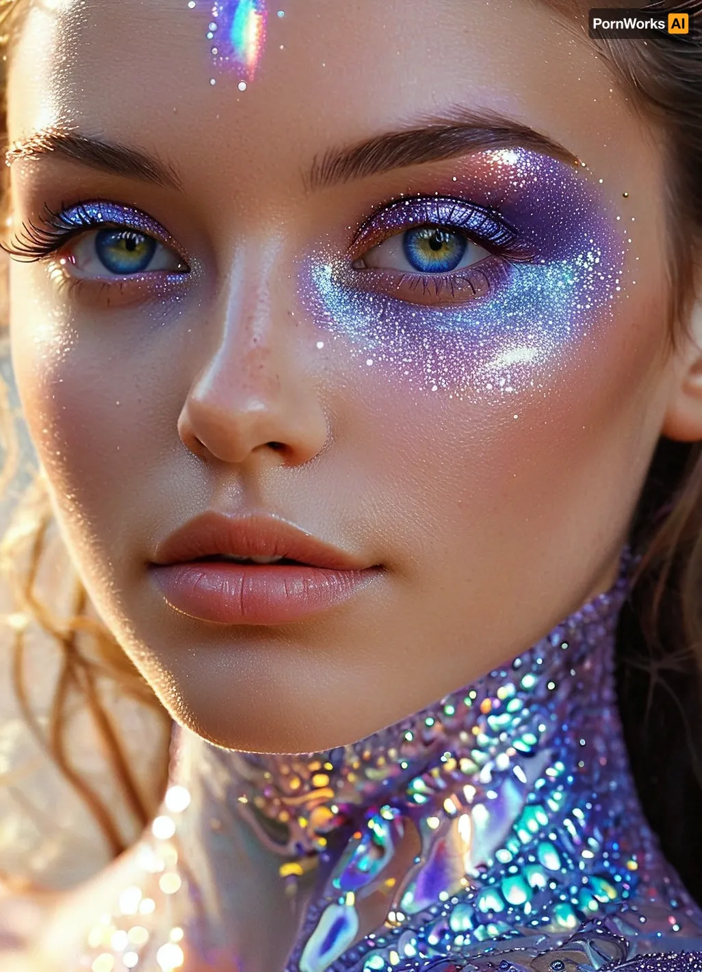 (masterpiece, best quality, ultra-detailed, photorealistic, HDR, fantasy art, waist-up portrait, entire figure from head to waist, face and upper body centered in frame, direct visual focus), female, young adult, Aelith, fantastical being, inhuman, sapphire-blue skin with intense pearlescent glow and inner luminescence, diamond-shaped elongated face, sharply sculpted cheekbones adorned with complex, crystalline natural patterns shimmering in rainbow hues, completely gold irises with no visible pupils or sclera, eyes softly glowing from within, long translucent white lashes, brow area replaced by thin luminescent silver lines, nose small, smooth, with perfectly straight bridge, lips heart-shaped, metallic ultramarine and violet shine, no natural texture, gentle enigmatic smile, ears extended upward and outward with crystalline outgrowths along edges, hair hyperlong, thick, silver-white with shifting iridescent tints, cascading to waist in abstract fluid waves, high swanlike neck glowing from within, shoulders and chest sheathed in semi-transparent glassy fabric with abstract opalescent refractions and subtle prismatic highlights, skin beneath garment subtly shimmers, natural crystalline collar and pauldrons formed by body, posture regal and still, background softly blurred — cosmic nebula of deep blues, purples, shimmering starlight, five distinct non-fused fingers on each hand if visible, perfect anatomy, hyperreal color, ultra-sharp focus, <lora:MJ52:1>, <lora:SDXLHighDetail_v6-000005:.8>, <lora:Microwaist_XL_v01:.8>, <lora:EnvyZoomSliderXL01:-1>