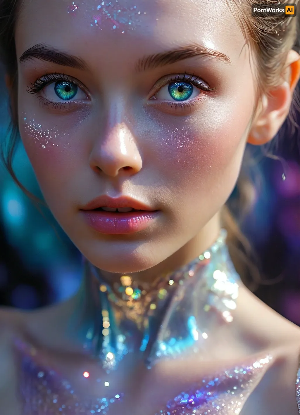 (masterpiece, best quality, ultra-detailed, photorealistic, HDR, fantasy art, waist-up portrait, entire figure from head to waist, face and upper body centered in frame, direct visual focus), female, young adult, Aelith, fantastical being, inhuman, sapphire-blue skin with intense pearlescent glow and inner luminescence, diamond-shaped elongated face, sharply sculpted cheekbones adorned with complex, crystalline natural patterns shimmering in rainbow hues, completely gold irises with no visible pupils or sclera, eyes softly glowing from within, long translucent white lashes, brow area replaced by thin luminescent silver lines, nose small, smooth, with perfectly straight bridge, lips heart-shaped, metallic ultramarine and violet shine, no natural texture, gentle enigmatic smile, ears extended upward and outward with crystalline outgrowths along edges, hair hyperlong, thick, silver-white with shifting iridescent tints, cascading to waist in abstract fluid waves, high swanlike neck glowing from within, shoulders and chest sheathed in semi-transparent glassy fabric with abstract opalescent refractions and subtle prismatic highlights, skin beneath garment subtly shimmers, natural crystalline collar and pauldrons formed by body, posture regal and still, background softly blurred — cosmic nebula of deep blues, purples, shimmering starlight, five distinct non-fused fingers on each hand if visible, perfect anatomy, hyperreal color, ultra-sharp focus, <lora:MJ52:1>, <lora:SDXLHighDetail_v6-000005:.8>, <lora:Microwaist_XL_v01:.8>, <lora:EnvyZoomSliderXL01:-1>