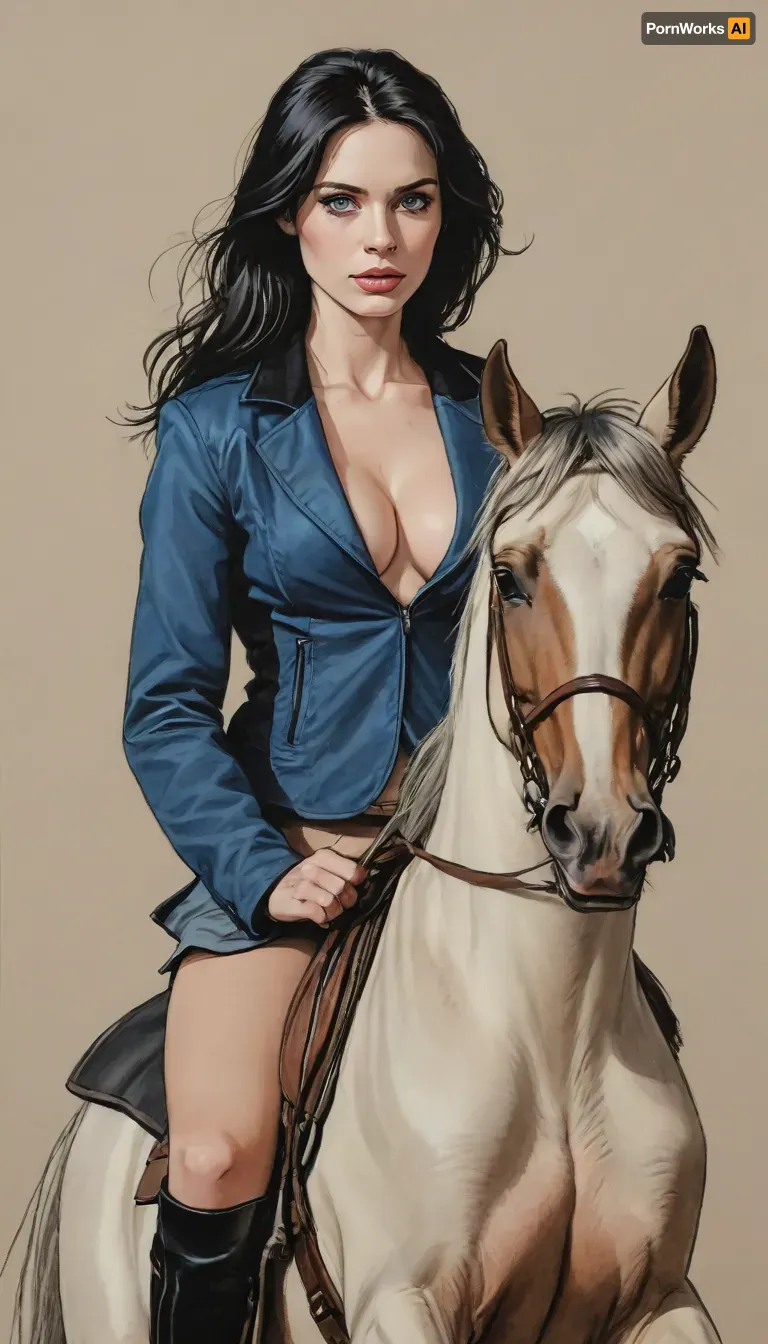 (A detailed pencil drawing with clean lines and meticulous shading, sketch of a nude woman with blue eyes and black hair riding on a horse, bouncing breasts, realistic anatomy, horse jump mid-motion shot, sharp lines), wearing riding helmet and unziped riding jacket revealing nude body, supermodel face, big lips, handslora, soft features, and a serene expression, drawing have delicate shading and intricate details, capturing the essence of the subject with fine pencil strokes, background is simple, allowing the focus to remain on the portrait itself, drawing by NTY, v0ng44g, sk3tch, .8>, ratatatat74, <lora:sketch_it:1.3>, <lora:outline_xl_kohaku_delta_spv5x:.8>, <lora:ratatatat74-000050:.8>
