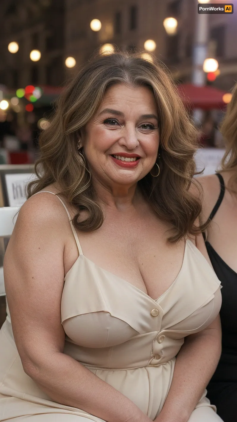 65yo mature woman, beautiful obese milf, (obese:1.5), long hair, light brunette hair with highlights, tight hairstyle, sitting across you in a chair, tight spaghetti strap black sundress, humorous surprised expression, her eyes are wide, ((with a raised eyebrow)), smirking with a charming laugh, ((her lower lip is curled up)), giving a playful ‘uh-oh’ look, The face shows a mix of amusement and joyfulness, caught in a funny mistake, wrinkles around eyes, bow shaped lips with delicate lipstick, wide mouth, wide smile, long characteristic nose, laugh lines, blurry background, dimmed lights, sidenips, nipple slip, milf, <lora:sidenips_v24a:.5>, <lora:Milf:.8>