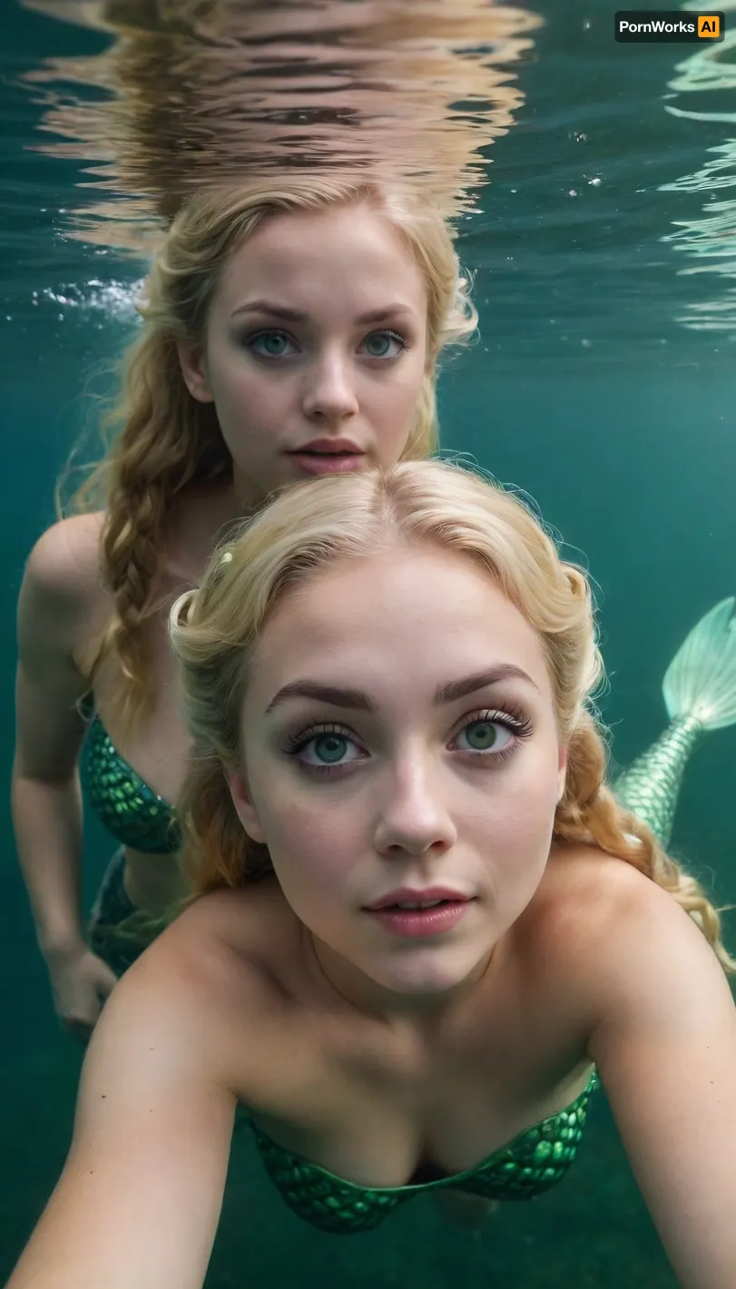 two mermaids swimming in the ocean, innocent face, thick black eyelashes, green eyes, blonde hair, pigtails, full mermaid tails
