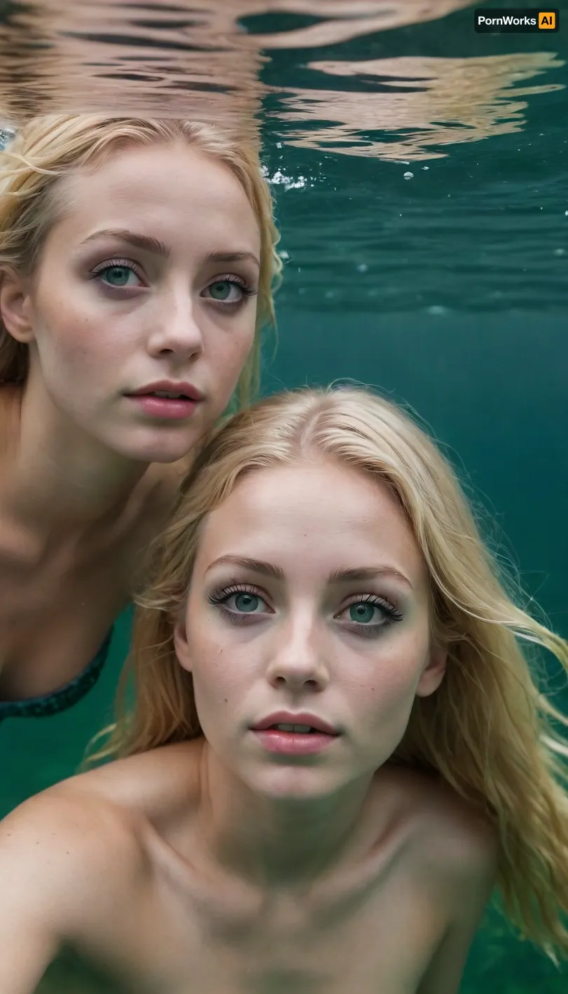 two mermaids swimming in the ocean, innocent face, thick black eyelashes, green eyes, blonde hair, wet hair, fish tales