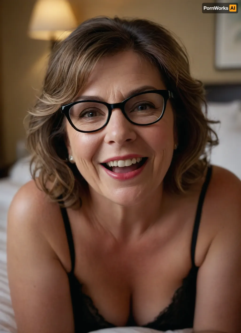 65yo mature woman, obese milf, brunette balayage hair with highlights, sitting across you in a bed in a hotel room, spaghetti strap black lingerie, humorous surprised expression, her eyes are wide, ((with a raised eyebrow)), sturdy square glasses, smirking with a charming laugh, ((her lower lip is curled up)), giving a playful ‘uh-oh’ look, The face shows a mix of amusement and joyfulness, caught in a funny mistake, wrinkles around eyes, bow shaped lips with delicate lipstick, wide mouth, wide smile, long characteristic nose, laugh lines, blurry background, nipple slip