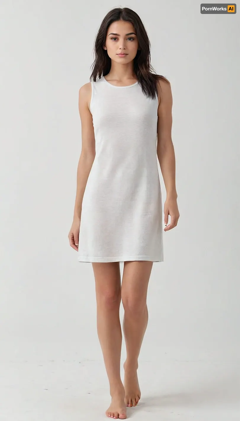 Young woman, black long straight haire, plump, thick shoulders, thick arms, Roundness of shapes, small breasts, barefoot, Below average height full body shot, centered in the frame, facing forward, photorealistic style, studio shot, simple white background, soft lighting, natural light, high detail, 8k resolution, smooth skin, digital painting., relaxed, mini, dress, <lora:BT_Relaxed_Mini_Dress_XL:.8>