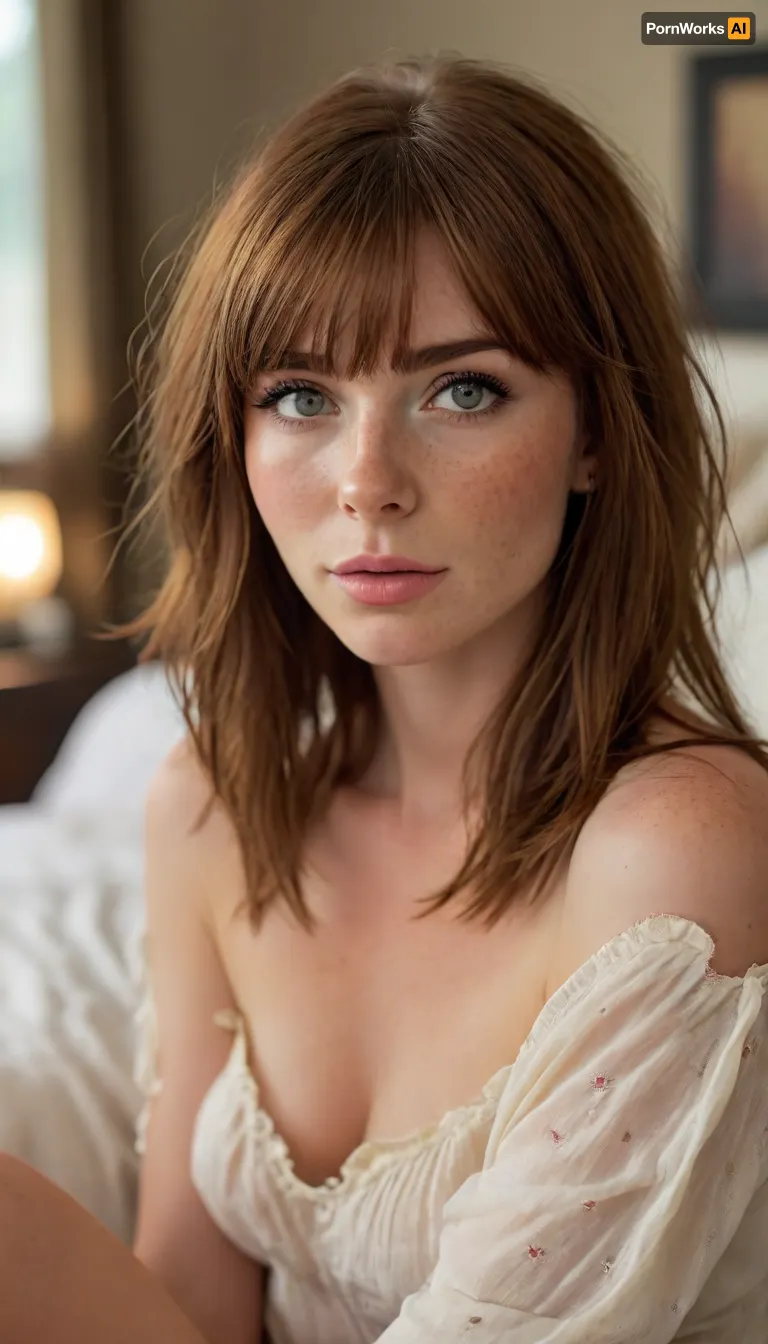 ziprealism, (romantic intimacy esthetic), (adorable woman, charming girlfriend, huge soft breasts, dark nipples, soft smile, warm loving gaze, sitting on a big comfy bed, in a cozy modern bedroom:1.2), (f/2.8, shallow depth of field, creamy bokeh, loose closeup shot, layered composition with subtle foreground, strong shadowy vignette, focus on eyes:1.4), (rich auburn hair, long wispy bangs, voluminous hair, inverted Bob hair cut, A-line Bob hair cut, short hair, straight hair, hair framing face:1.6), (catchlights, sharp contrasting limbal rings, large expressive eyes, stunning eyes, perfect eyes, slightly downturned eyes, long delicate eyelashes), (soft facial features, subtle freckles:1.4), igbaddie, <lora:igbaddie-XL:.8>, <lora:MJ52:.8>