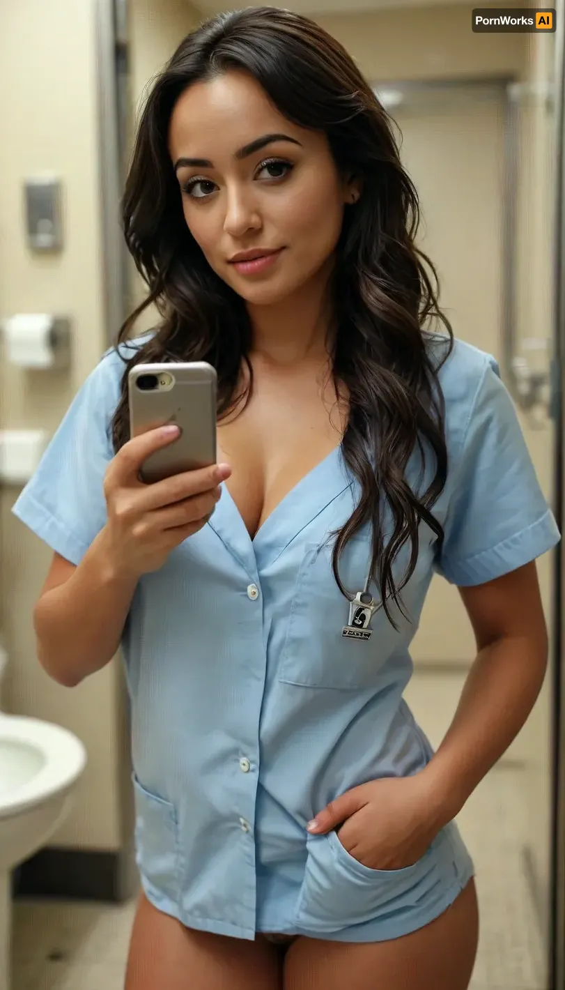 (Natalie Martinez:1.1), Photorealistic, Sexy 25 year old woman, nurse wearing scrubs shirt, public bathroom selfie, pants pulled down, wearing sting thong, cleavage, long lush hair, taking selfie with phone, sexy body, curves, <lora:MJ52:.8>