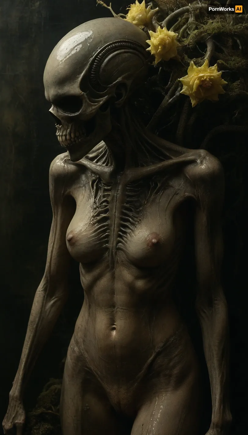 Rating_explicit, nudity, NSFW, Masterpiece, nude alien biomechanical female, holding rotten corpse of gray worm with flower like head in her hands, thorny vines instead of limbs, fungal growths on joints, flesh-forest biome, pulsating meat-trees with vein-like lianas, mucous-covered ground emitting vapor, parasitic flowers sucking spinal fluid from calcified corpses, dark enviroment, dim phosphorescent light, luminescent rotting pods, dense fog, high humidity with slime droplets, decaying colors, (ochre/moss/yellow palette), H.R. Giger meets Zdzisław Beksiński style, macro photography realism, subsurface scattering on slime, cinematic depth, 8K detail, cinematic lightning, 8K resolution, detailed face, hrggr, style, of, H., R., Giger, <lora:tbh295-sdxl:.8>