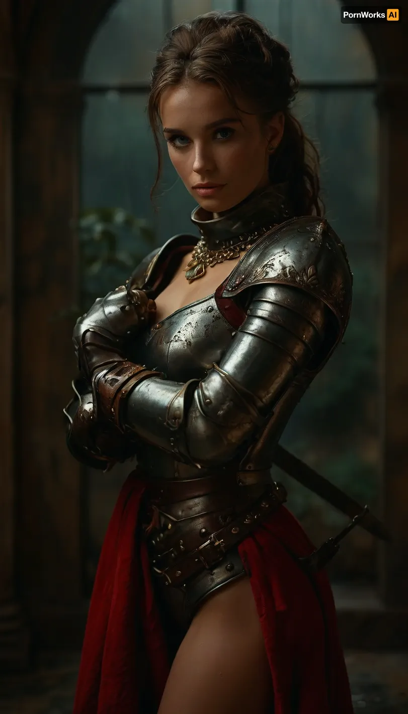 Full body view, (Movie poster for a 1960s horor movie version of breakfast at Tiffany's:1.4), beautiful sexy Girl, best quality, ultra-detailed, masterpiece, finely detail, higher, 8k wallpaper, sexy heavily armored european knight with massive tits and a slim waist plus thick thighs, elegant posture, dynamic pose, dynamic angle, dark fantasy, Rembrandt lighting, highly detailed castle overgrown with vegetation in the background, a confident plus dominant aura and demeanor, athletic body with tight abs and toned muscles, heavy weighty metal armor that's worn from battle, belts and straps, metal armor plating, metal breastplate, large metal gauntlets, large metal pauldrons, medieval knight with heavy armor, bulky thick armor, armor boots, dimly light, soft gentle lighting, chain accessories, extremely detailed face with a strong jawline plus defined cheek bones plus freckles and beauty marks, stunningly beautiful face with a intoxicatingly seductive and aroused expression, radiating powerful sexual energy, overcast and rainy, 25yo woman, cute tight ass, thick heavy metal tassets, big bow in ponytail, chainmail skirt, plain ocher velvet underdress, <lora:498614_training_data:.5>, <lora:tbh71-sdxl:.5>, <lora:MJ52:.8>