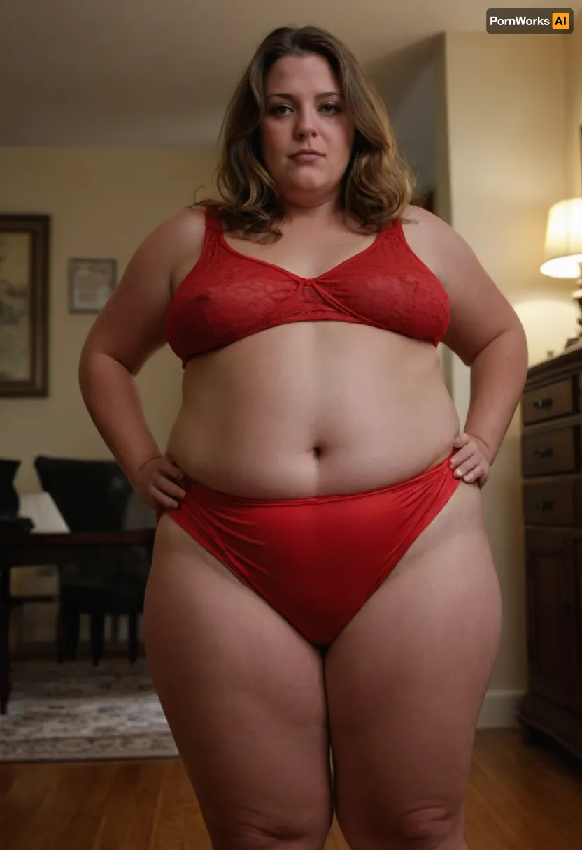 Lubica stepaunt, 45° dynamic angle view, indoors, obese, Full body shot, 50 year old woman, looking at viewer, eye contact, black dress, ssbbw, chubby, wide hips, curvy, small floppy breasts, sagging breasts, deflated breasts, tan lines, long hair, light brown hair with highlights, upturned nose, bottomheavy, big, ass, huge, gigantic, thick, thighs, massive, braless, Wearing, clothes, that, make, sense, with, Braless>, (red fullbrief fullback panties), windy, <lora:bottomheavy_v1_sdxl_tags:.7>, <lora:bralessSDXL_v1_00022:.5>