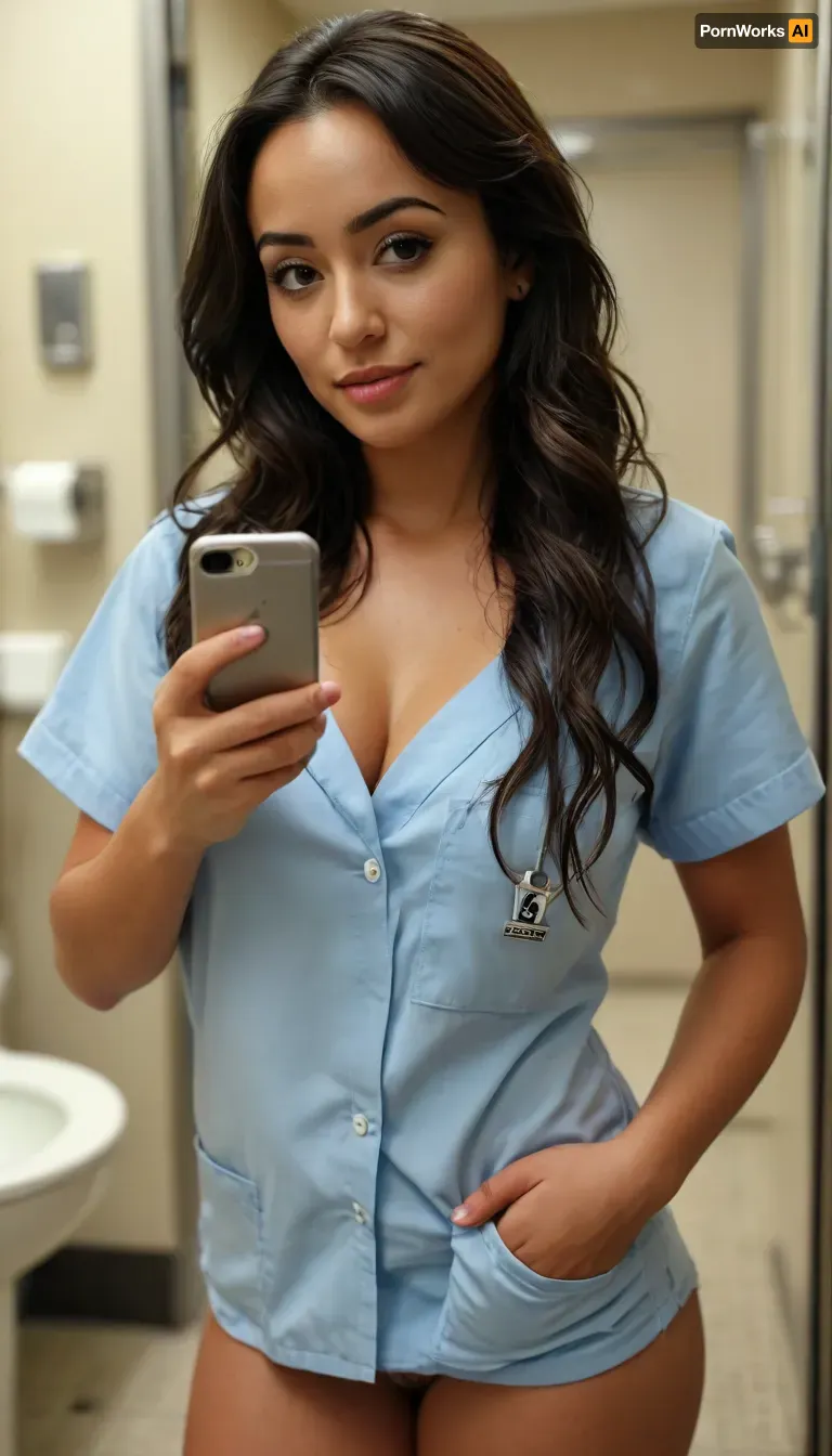(Natalie Martinez:1.1), Photorealistic, Sexy 25 year old woman, nurse wearing scrubs shirt, public bathroom selfie, pants pulled down, wearing sting thong, cleavage, long lush hair, taking selfie with phone, sexy body, curves, <lora:MJ52:.8>