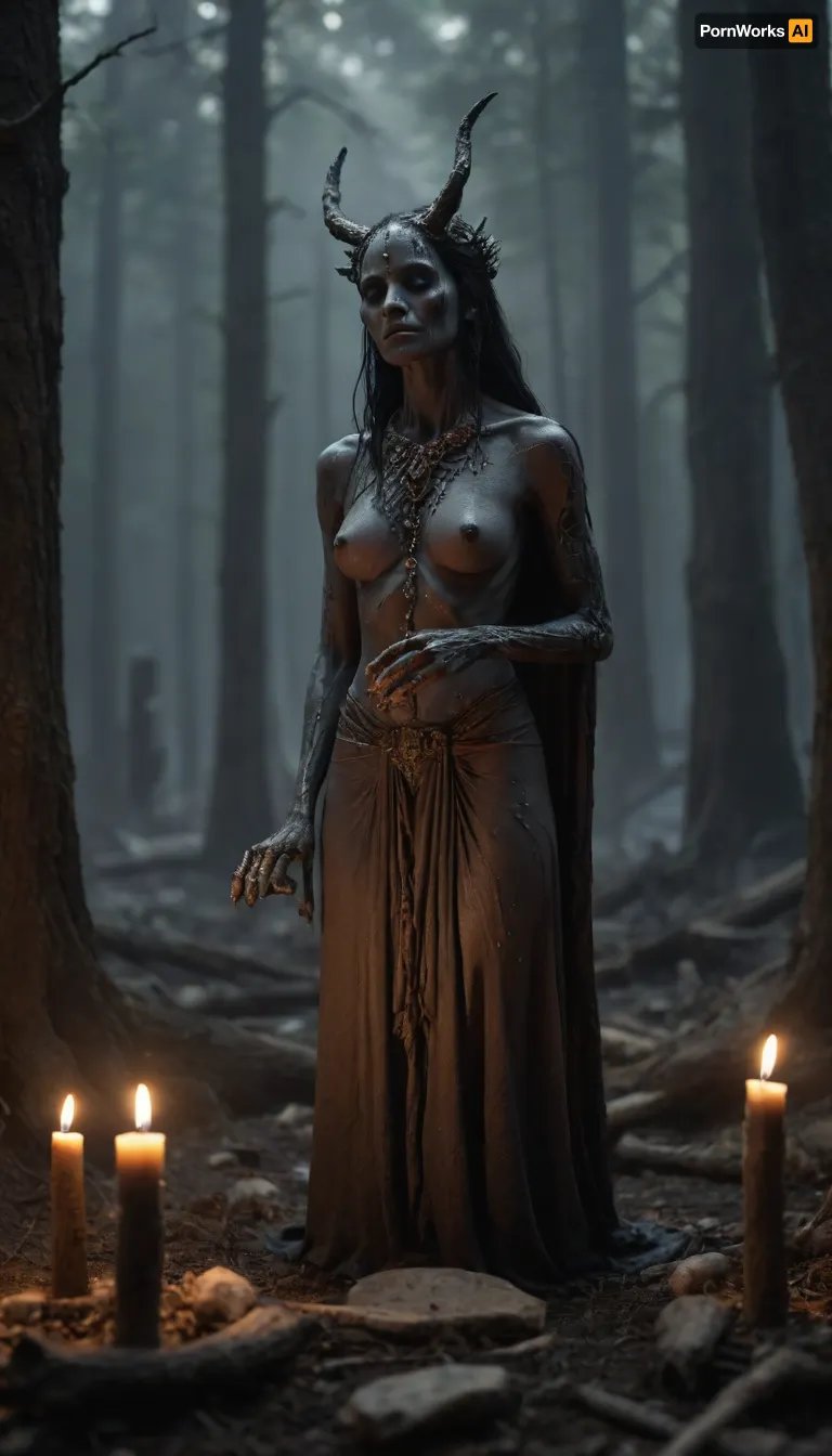 Ash-golem priestess performing funeral rite for larval bloom. Charcoal skin cracking, ember-tears igniting incense fungi. Bone totems covered in mucous, bioluminescent runes floating in humid air