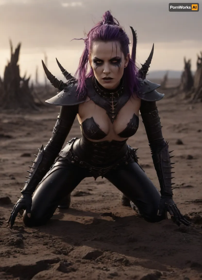 Rating_explicit, nudity, NSFW, Masterpiece, beautiful dark eldar woman in sadistic BDSM armor, razor-sharp obsidian spikes, corset with spinal electrodes, segmented thigh-high boots, nude body, exposed breasts, barbed collar piercing her neck, (she is crawling in desolate wasteland:1.4), (touching rotten black flowers), warp corruption, purple warp-fire everywhere, highlighting her tear-streaked face, cinematic lightning, 8K resolution, detailed face, lineart, drukhari, standart, <lora:Aeldari:.8>