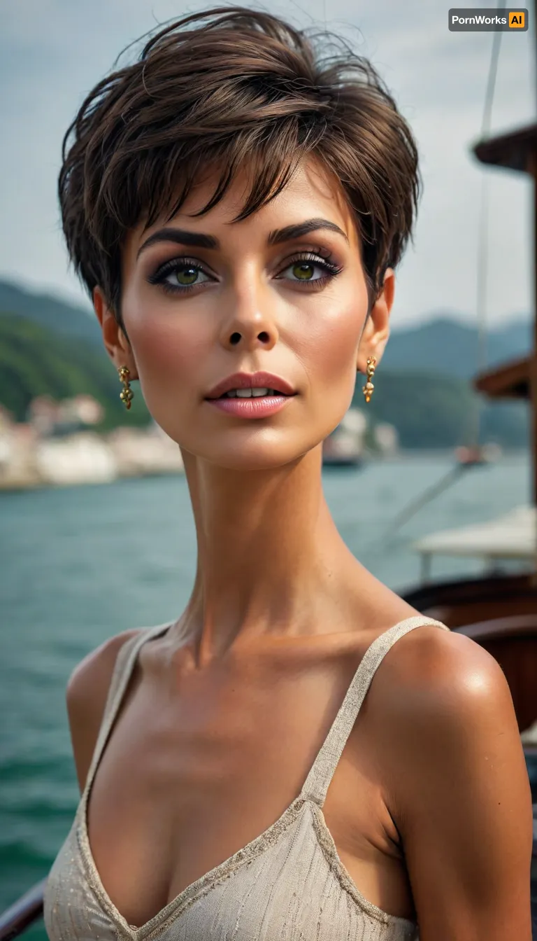 woman entire body head to toe, (riva wooden motor boat), (high end seaside luxury), big eyes, high cheek bones, green nail polish, abundant glamourous jewelry, european, ((very dark tanned)), 60 years old, nude, very muscular, ((very tall)), ((super pixie haircut)), Midjourney, MJ, style, poster, <lora:Midjourney_style:.8>