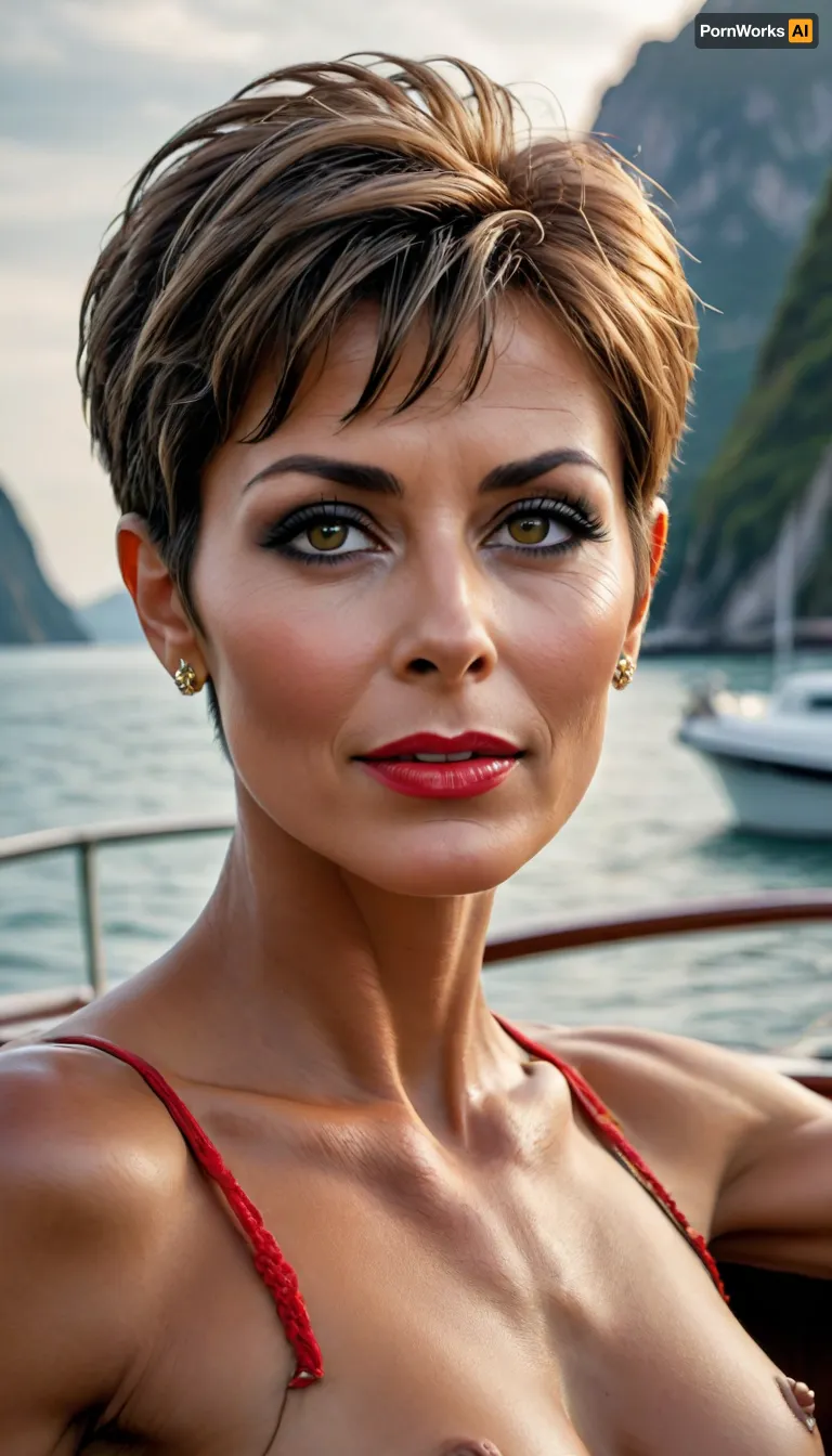 naked woman entire body head to toe, (riva wooden motor boat), (erotic high end seaside luxury), big eyes, high cheek bones, (red nail polish), abundant glamourous jewelry, european, ((very dark tanned)), 60 years old, nude, (very lean and muscular), ((very tall)), ((super pixie haircut)), (narrow hairy stripe above vagina), Midjourney, MJ, style, poster, uberfit, muscular, athletic, <lora:Midjourney_style:.8>, <lora:uberfit_lora_sdxl:.1>