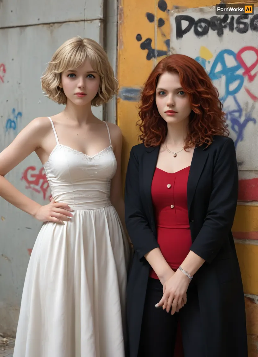 Two plus-size women in their mid-20s, dressed in modern, funky everyday clothes, are standing in front of a graffiti wall. One has long red curly hair and the other has a trendy blonde bob. Both have a cool look about them.
