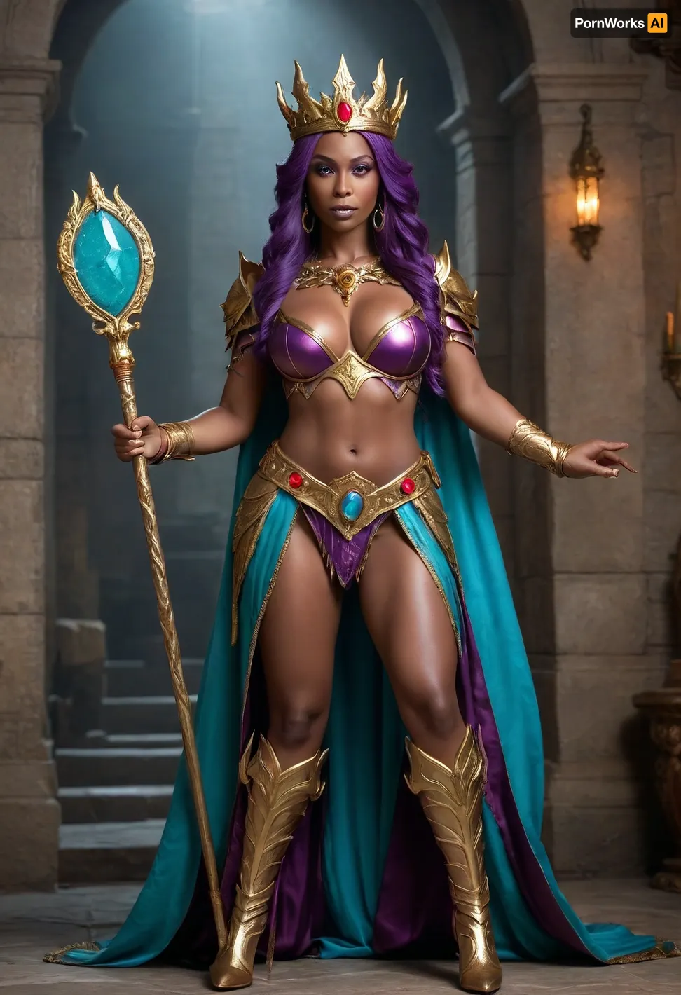 Yara, (elf Queen), (fantasy), ((large bust)), ((large breasts)), powerful, (long purple hair), (golden crown with red gemstones), (dark brown skin), (gold ornamentation), gold belt, gold and red detailing on costume, (long muscular legs), (holding an ornate golden staff with a glowing turquoise gem at its top), light shining around gem, the staff has a decorative gold vine, stone dungeon background, dramatic lighting, confident and regal expression, (exaggerated features), sense of grandeur and power