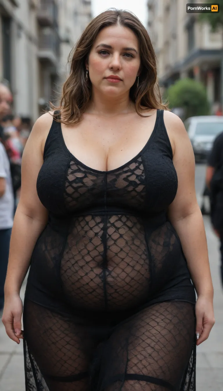 Raw pictures, shy modest tired curvy mature woman 68yo 70kg, walking, (thick body:1.4), (completely transparent black bodycon dress made of mesh:1.4), narrow waist, hands behind the back, saggy boobs, dark light, disheveled hair, straight light brown hair, long hair, natural skin, visible pores, freckles, slight acne scars, redness around the nose, and uneven skin texture, high quality, Best quality, realistic, (person in the frame but poorly centered, partially cropped out:1.1), off-frame composition, head cut off, awkward camera angle, unbalanced shot, (Very curvy BBW mature womans), sBbw+PAWG, (obese:1.3), <lora:add-detail-xl:.8>, <lora:gyakutaiojisan_bed_AB_XL:.8>